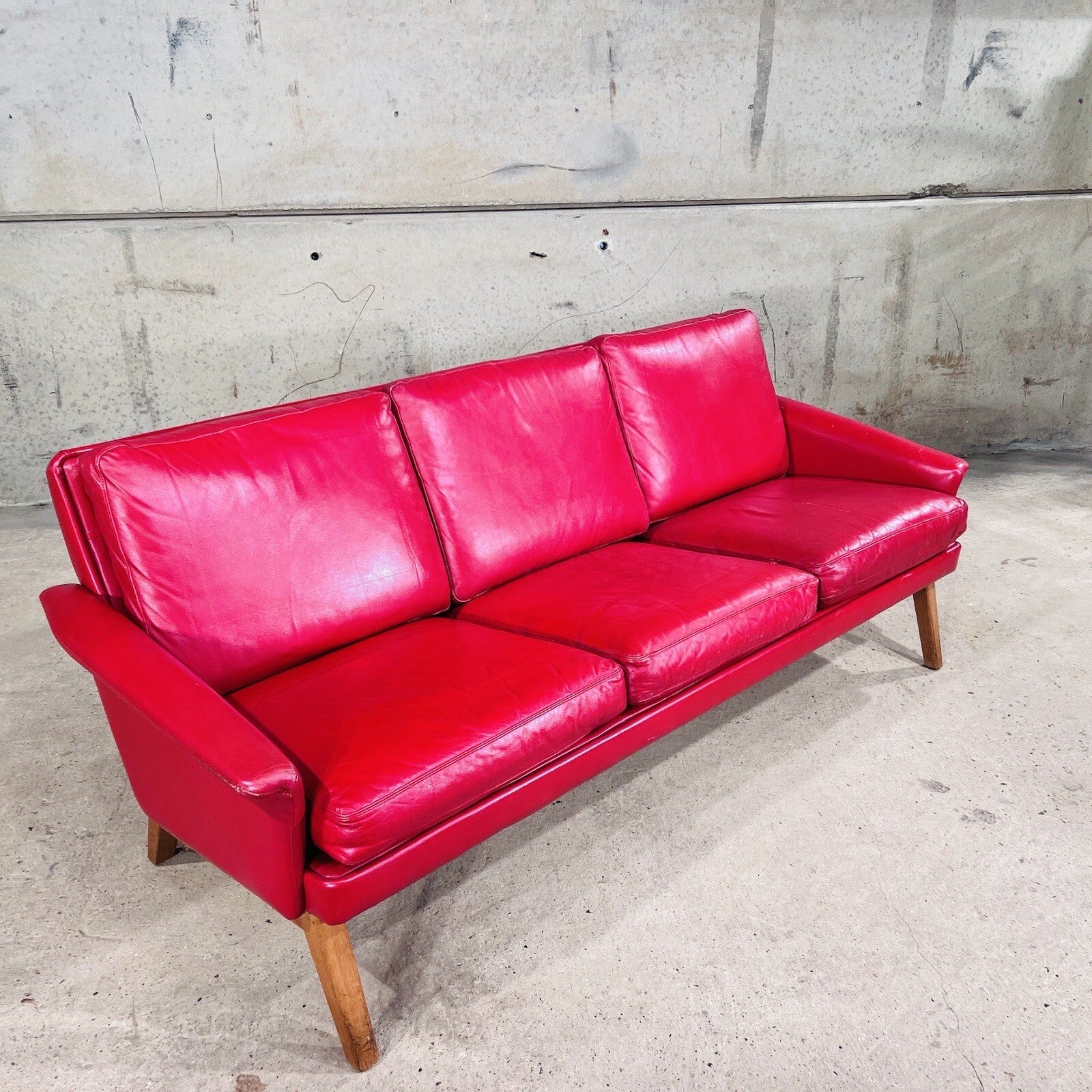 Stylish Danish 1970 Vibrant Red Three seater Leather Sofa