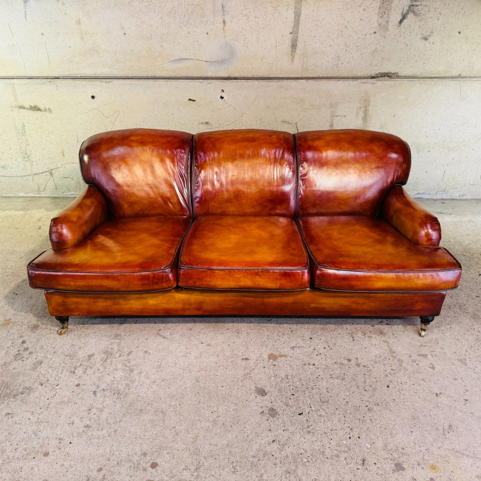 Vintage English Howard & Sons Bridgewater-Style 3-Seater Tan Leather Sofa