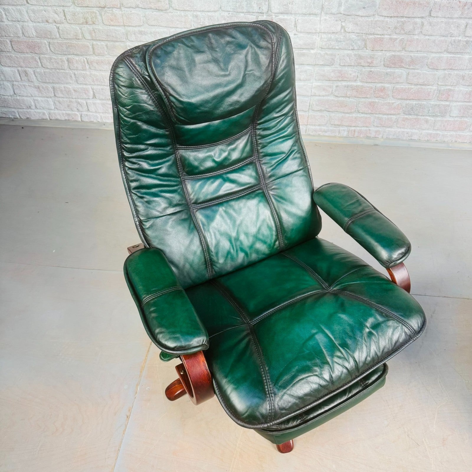 Vintage Pair of Norwegian Green Leather Reclining Swivel Chairs with Footstools