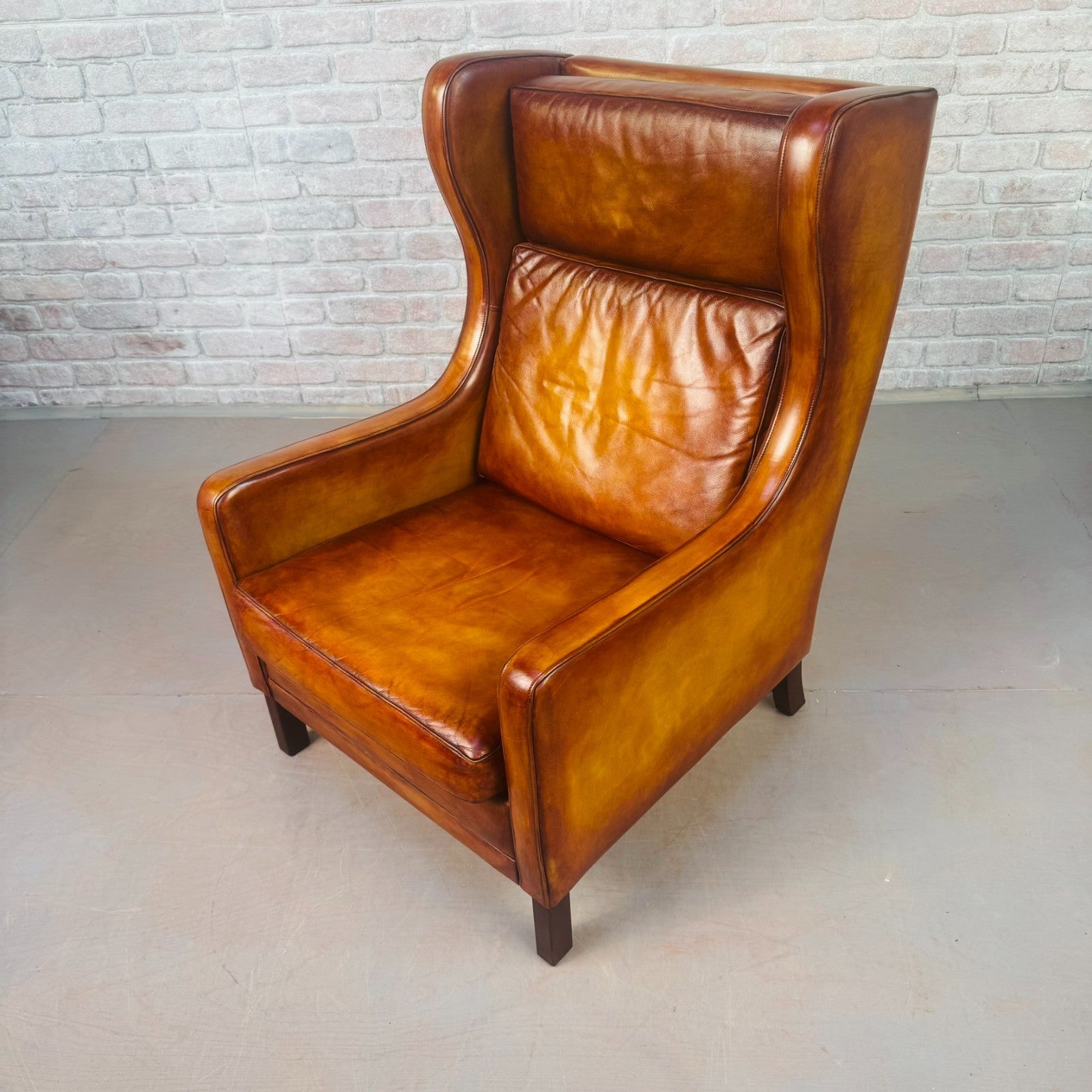 Vintage 1970s Danish High Back Tan Leather Armchair Mid Century Lounge Chair