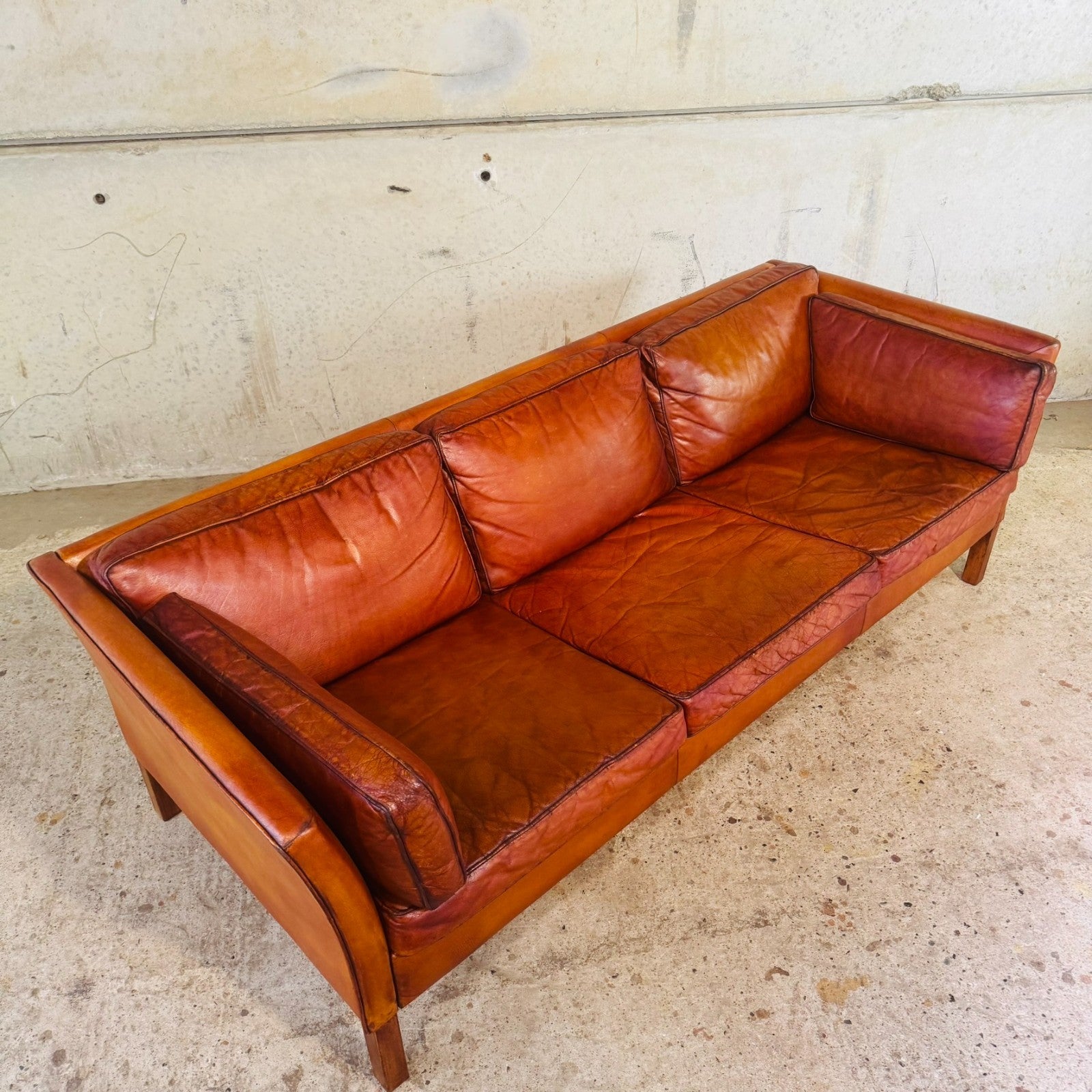 Stylish Danish 1970s Three-Seater Sofa in Cognac Leather