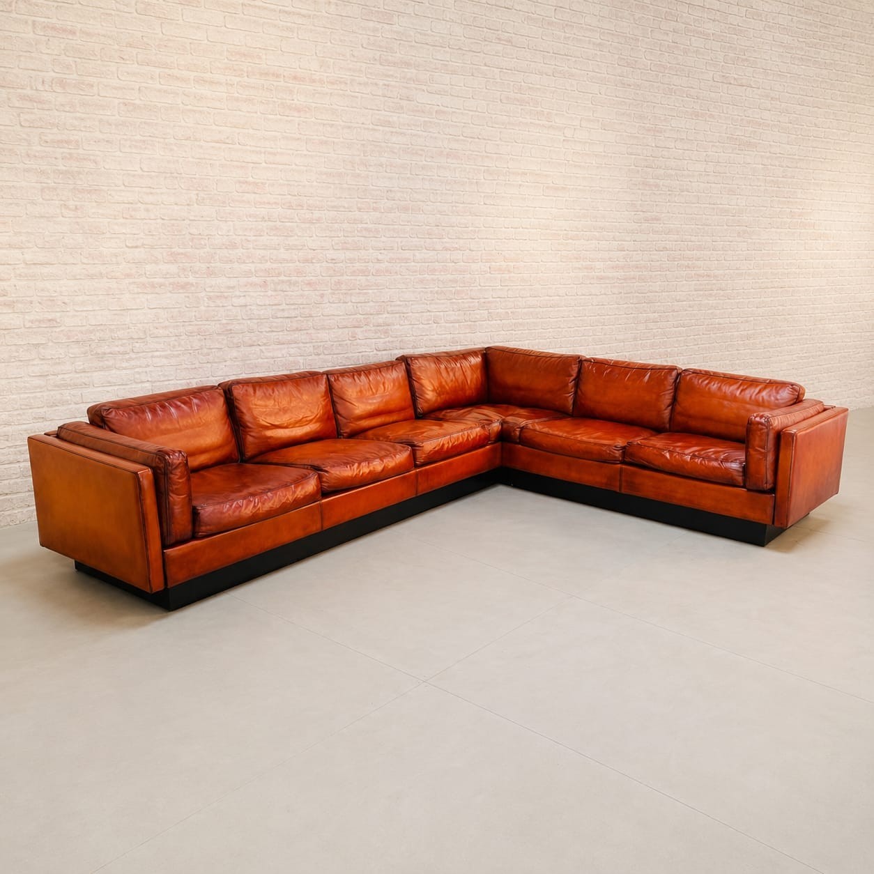 Large Vintage 1970s Danish Tan Leather Corner Sofa Hand Dyed Cognac Patina