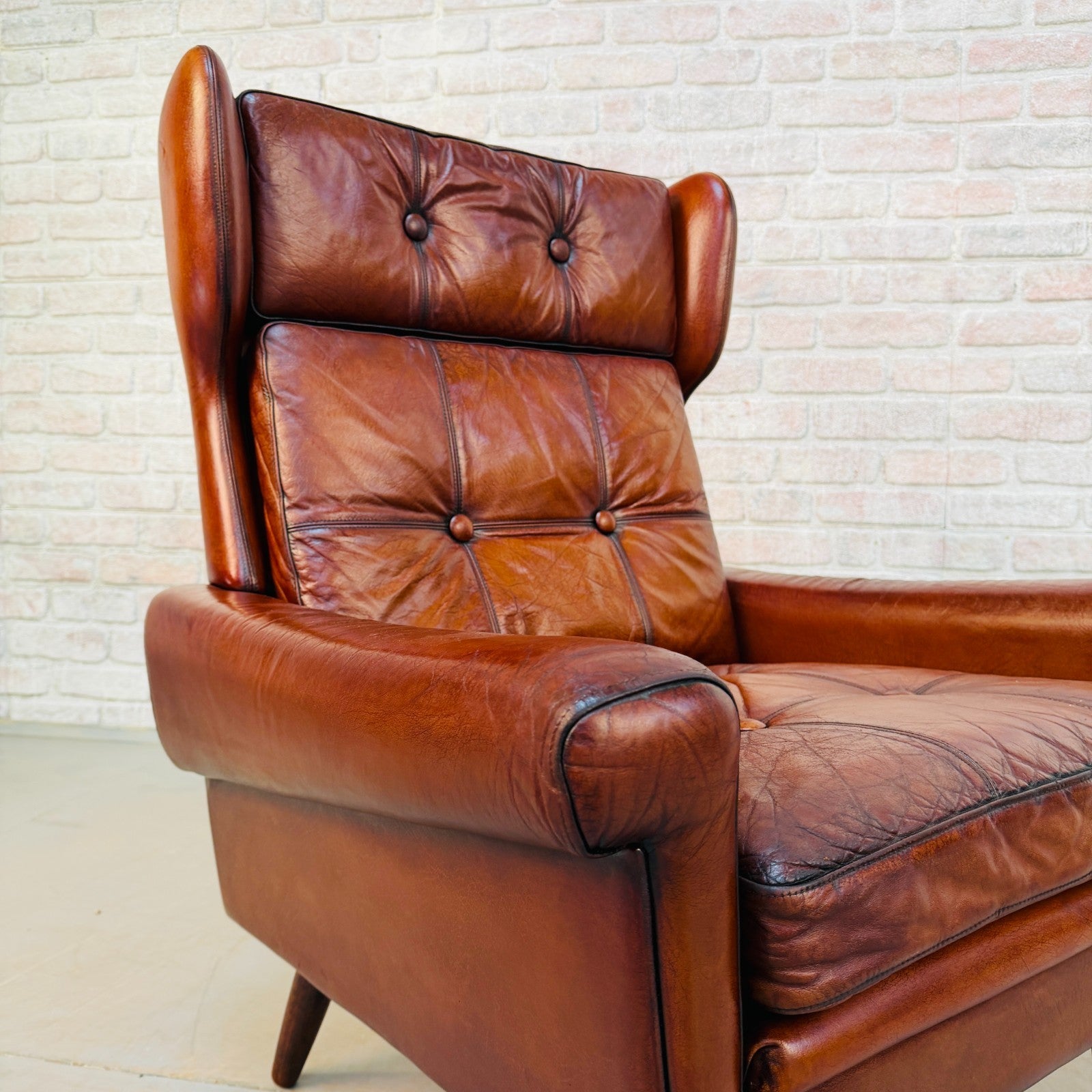 Vintage Danish Svend Skipper Tan Hand-Dyed Leather High Back Chair