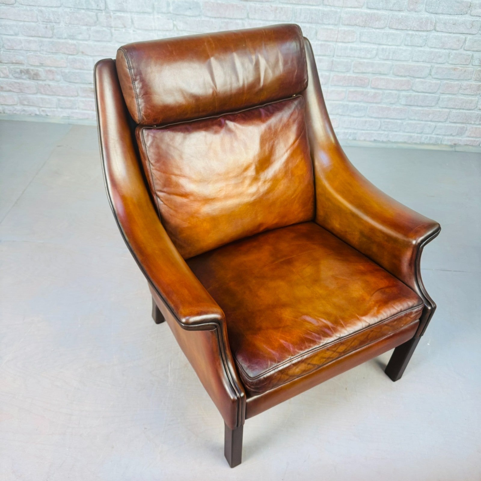 Vintage 1960s Aage Christiansen High Back Tan Leather Armchair
