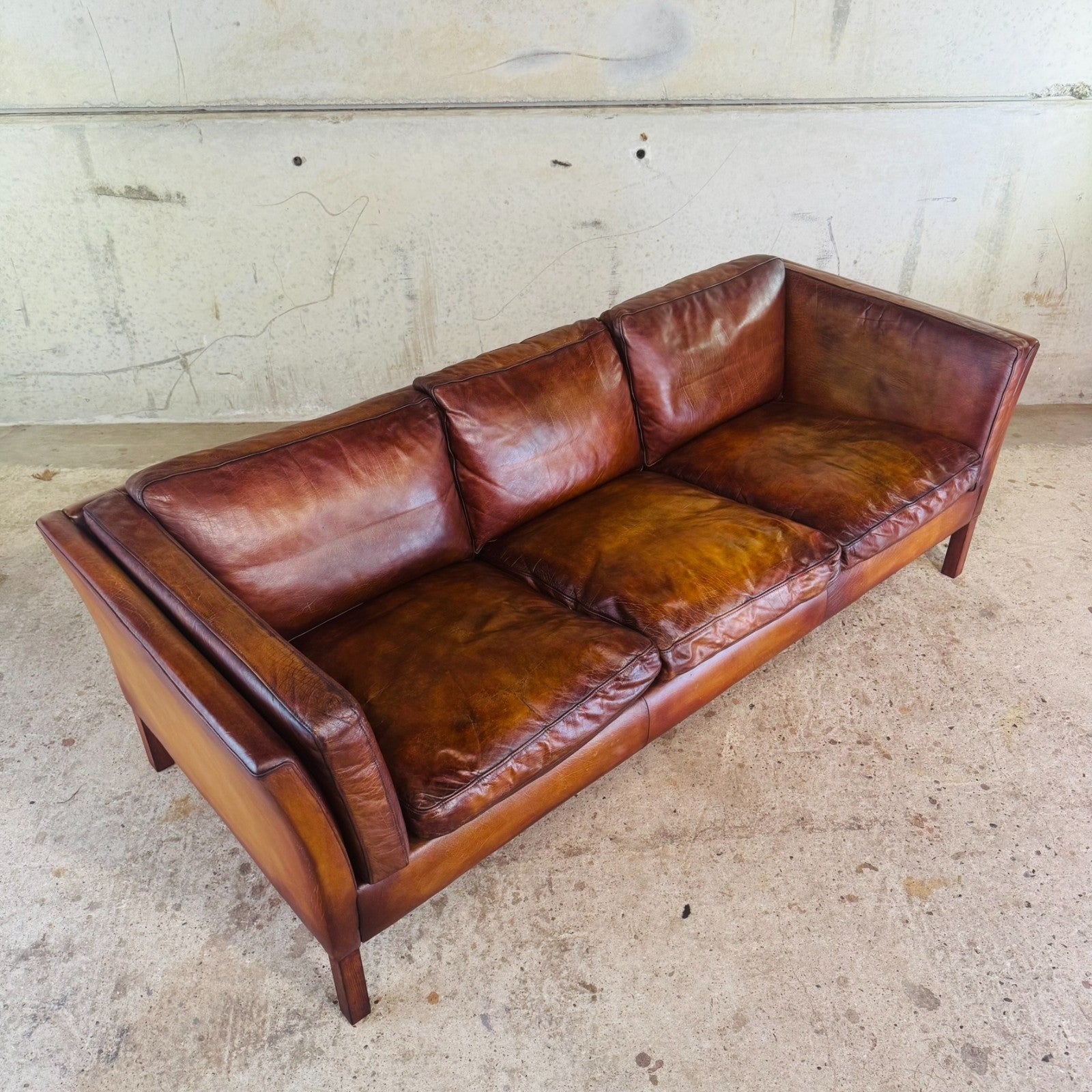 Danish Vintage Tan Leather Three-Seater Sofa — Sleek & Elegant