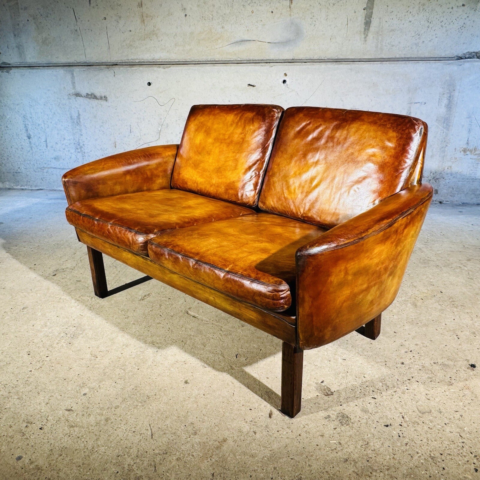 Neat Vintage Danish 1960s Leather Two seater Sofa - Patinated Tan