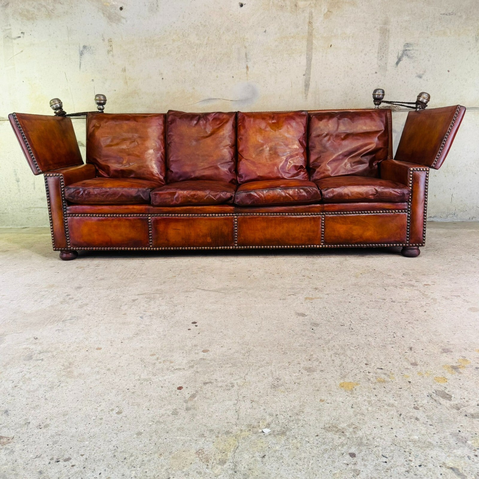 Stunning 1930s Knole Drop-End Large Four-Seater Tan Leather Sofa