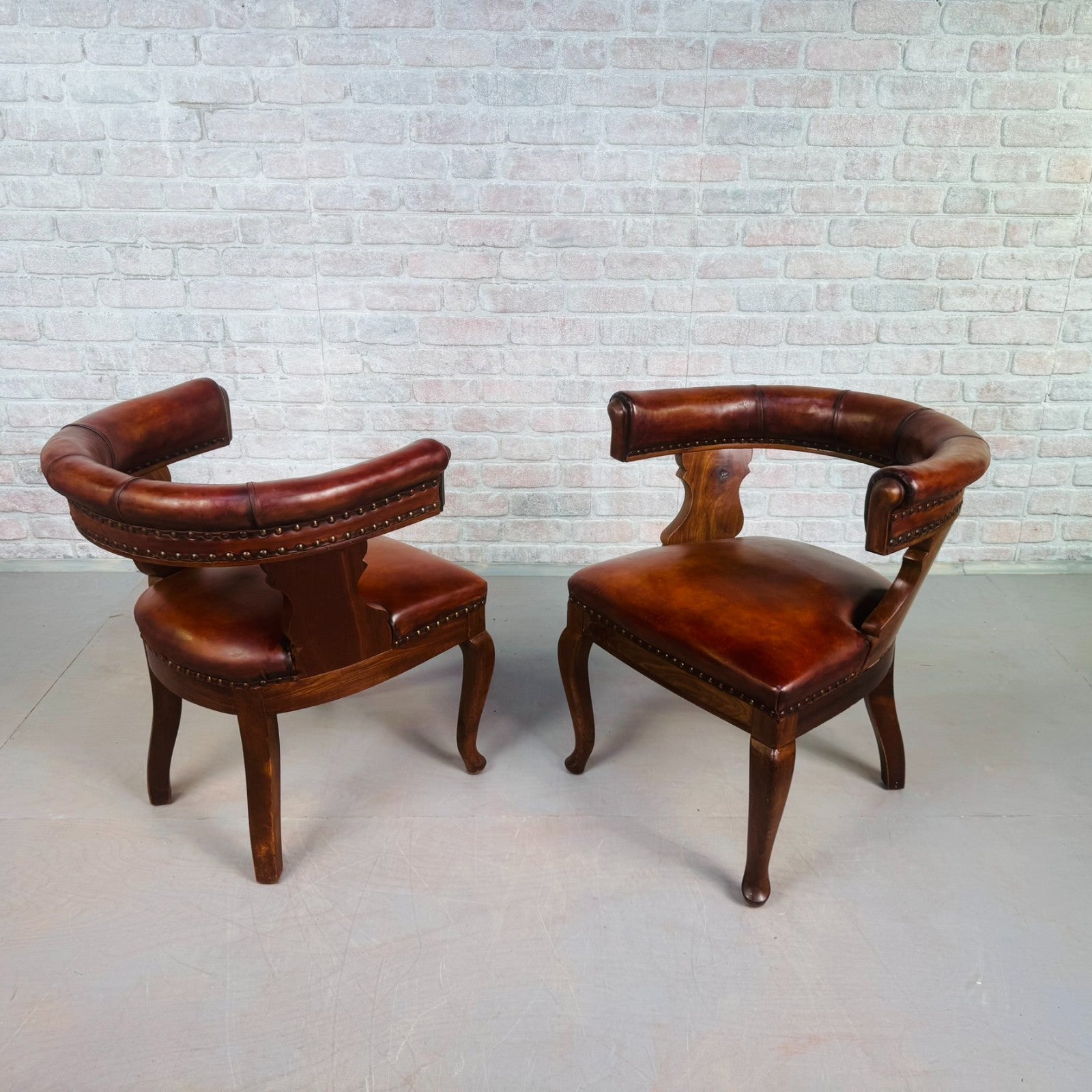 Pair of 40s Antique Danish Tan Leather Partner’s Desk Chairs Walnut Frame