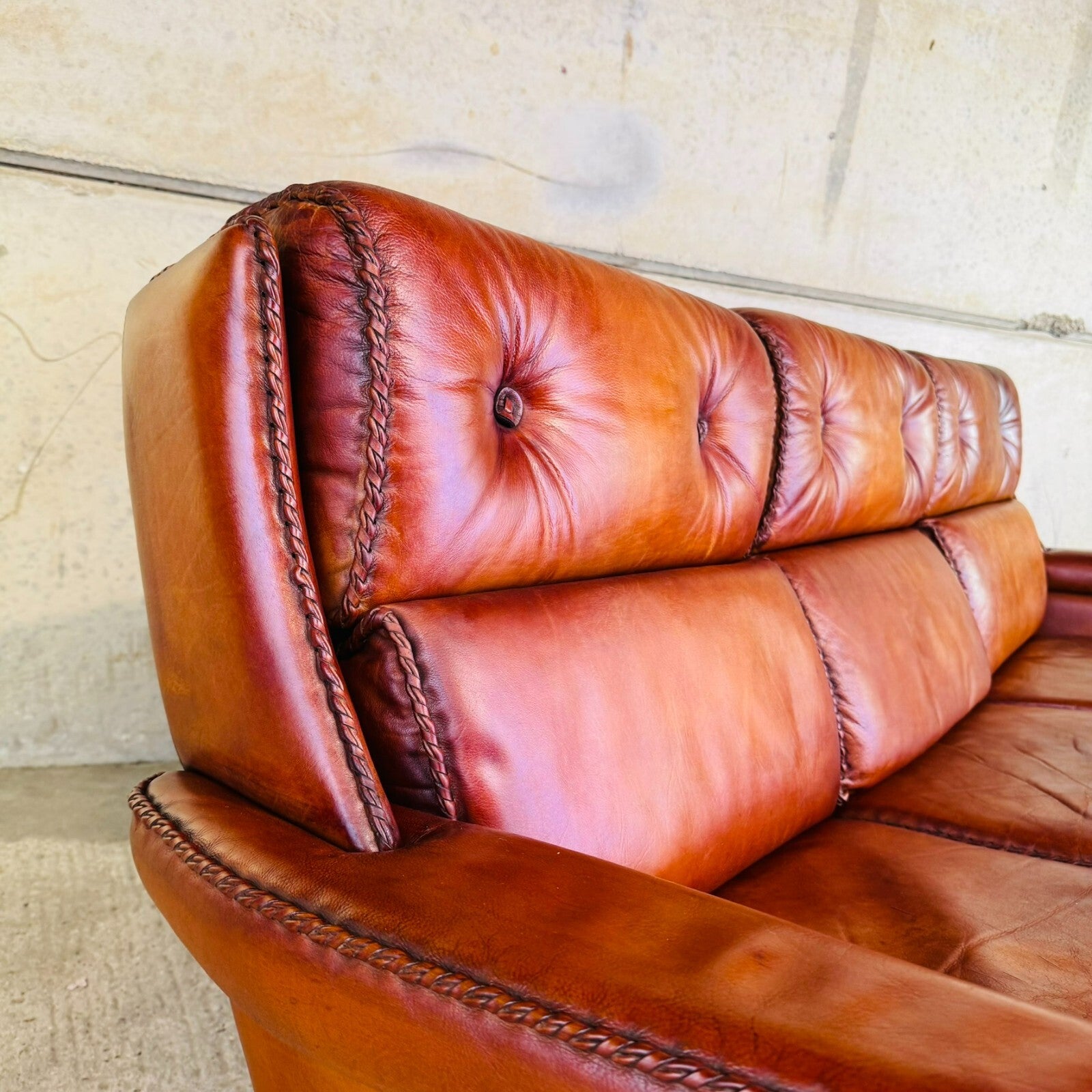 1970s Vintage Danish Long Three-Seater Cognac Leather Sofa – High Back