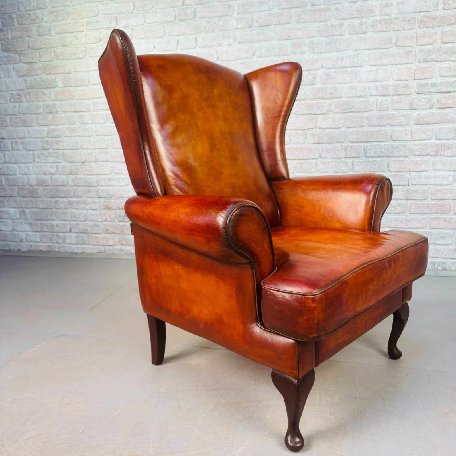 Vintage Danish Wingback Tan Leather Chair & Footstool