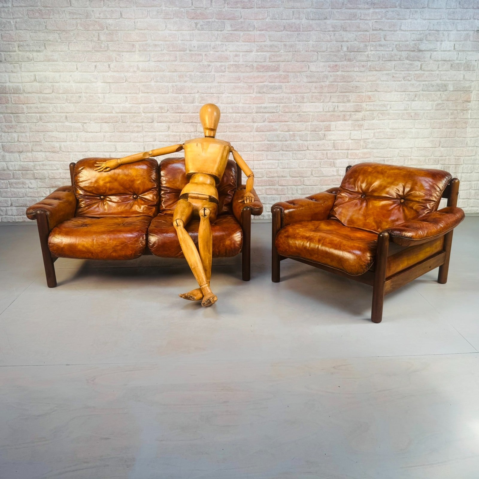 Vintage 1970s Swedish Arne Norell Two-Seater Sofa & Chair Tan Leather Set