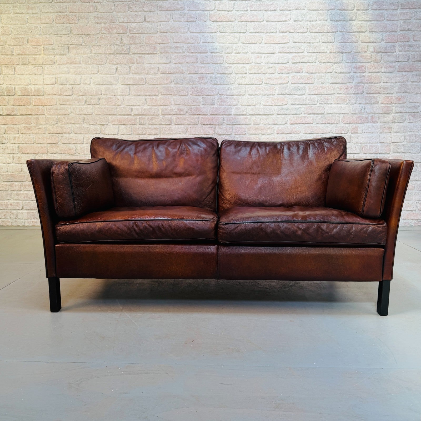 Vintage 1970s Danish Dark Tan Hand-Dyed Leather Two Seater Sofa