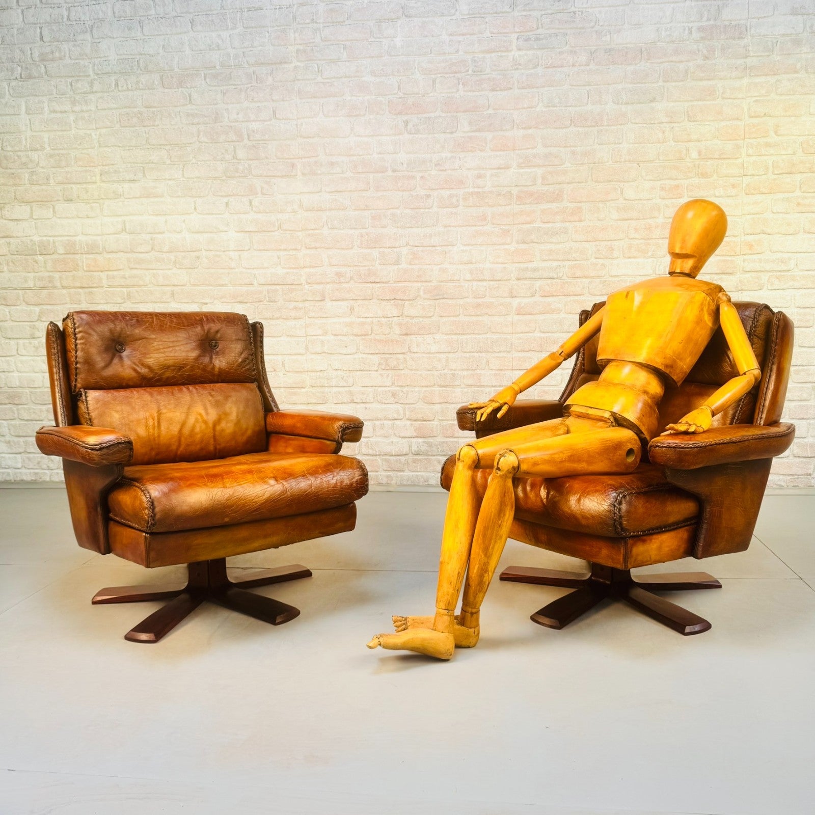 Pair Danish Swivel Chairs Tan Bison Leather Hand Plaited Lounge Chairs