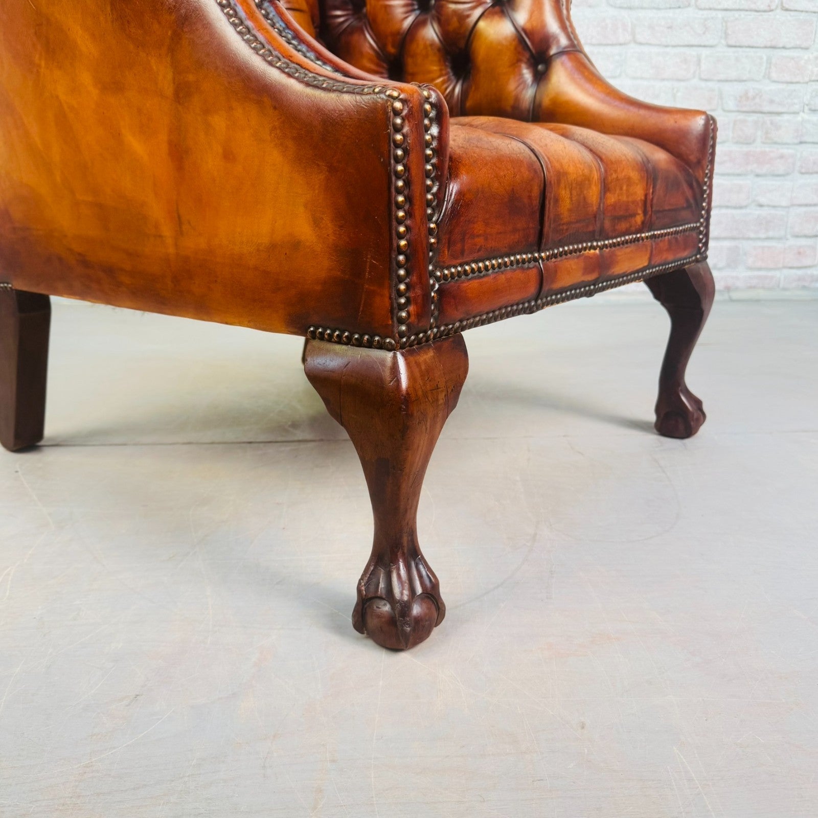 Vintage English Chesterfield Tan Leather Armchair Ball & Claw Mahogany Chair