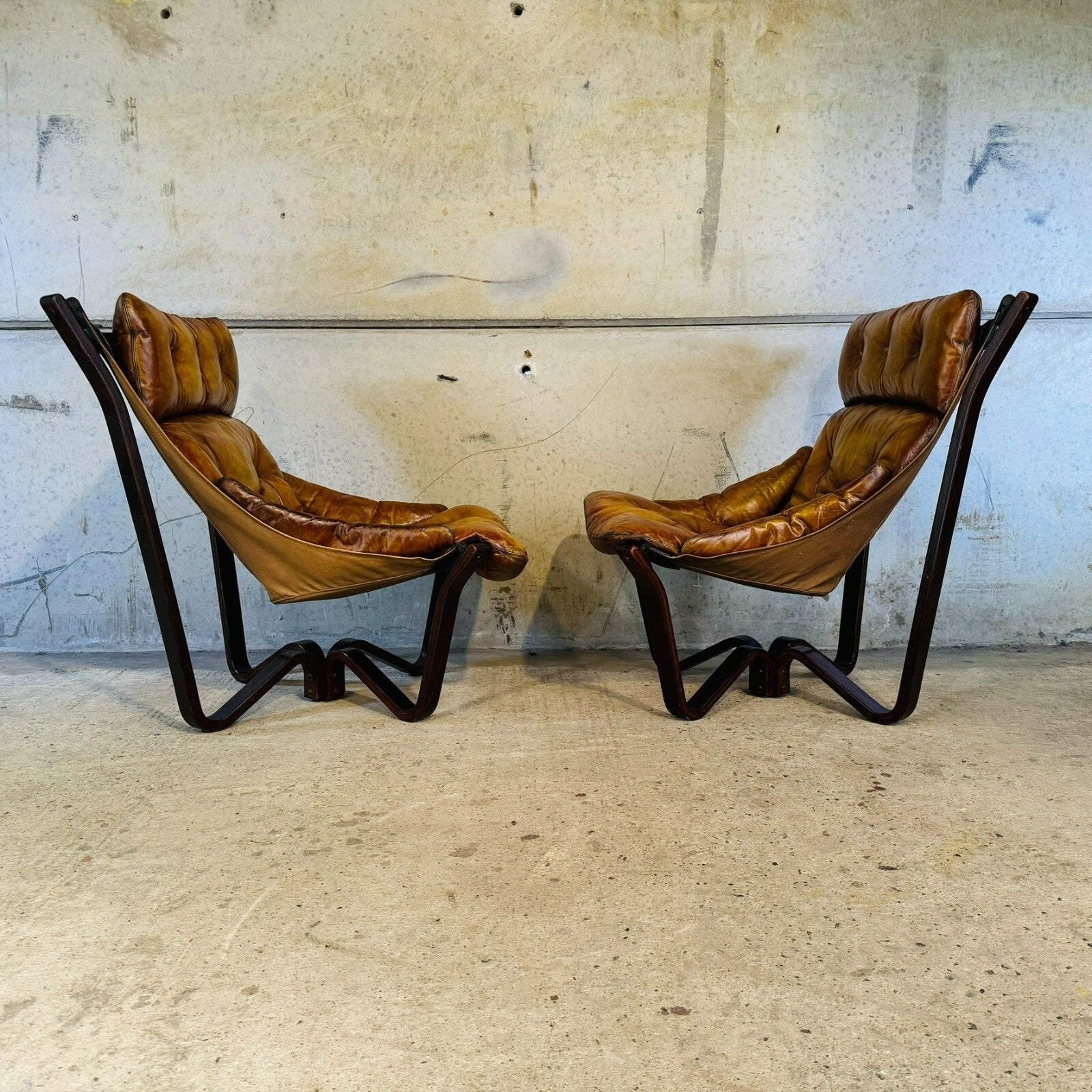 Vintage Pair of 70s Scandinavian Viking Chairs by Jim Myrstad Tan Leather