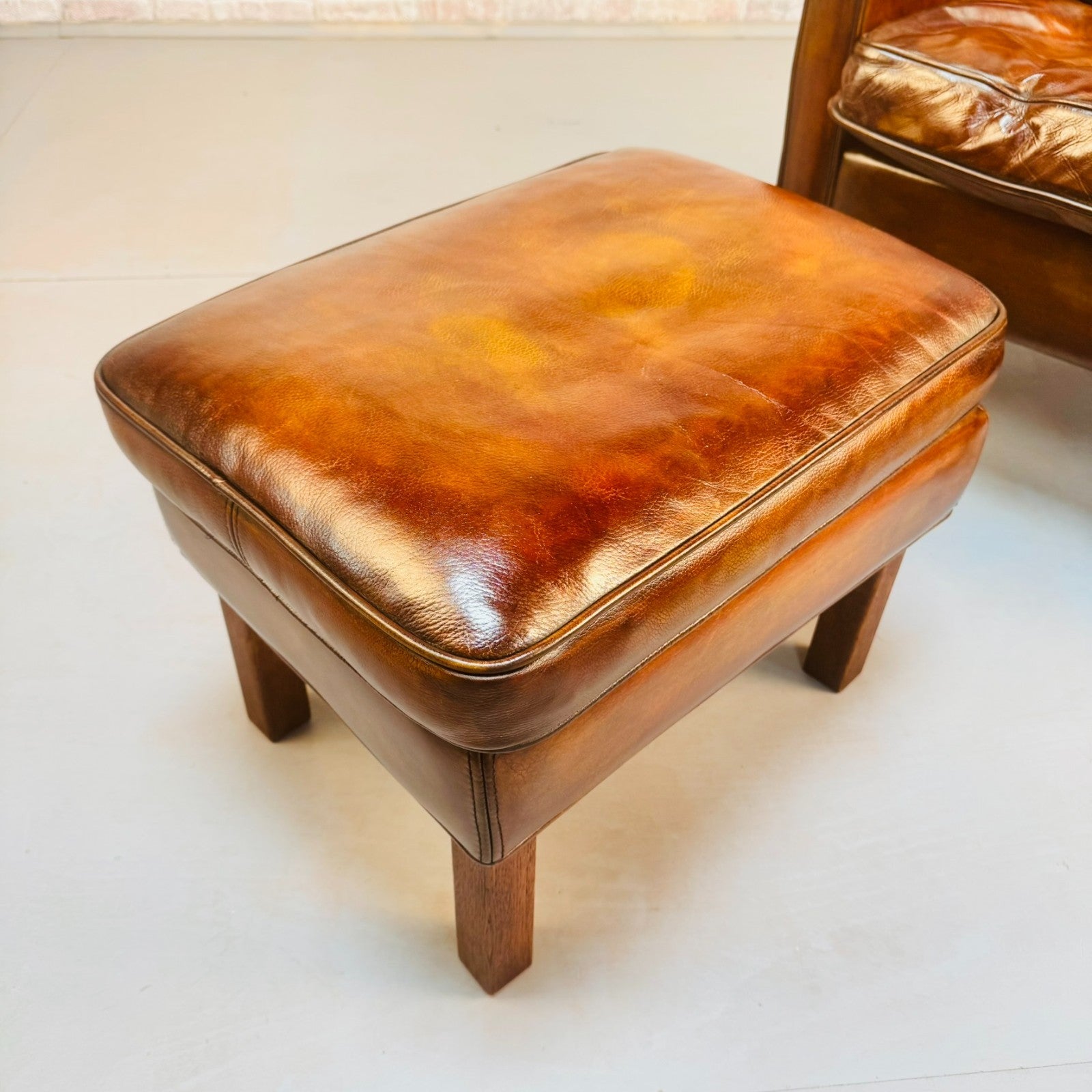Vintage Danish Børge Mogensen Style Tan Leather Armchair & Footstool