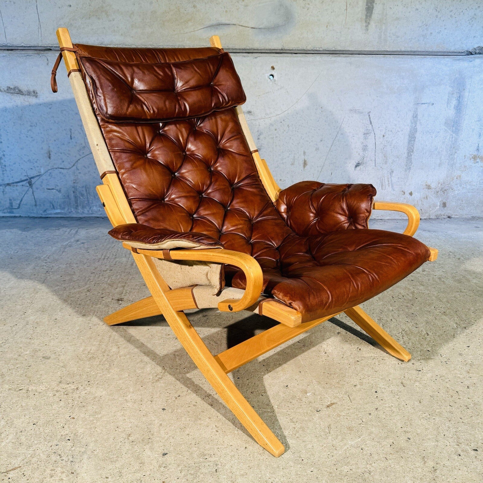 Stylish Swedish 1970s Tan Leather And Canvas Armchair and Footstool