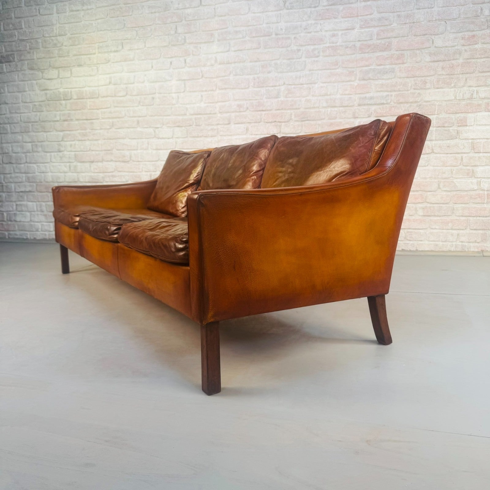 1960s Swedish Patinated Tan Leather 3-Seater Sofa – Dark Walnut Legs