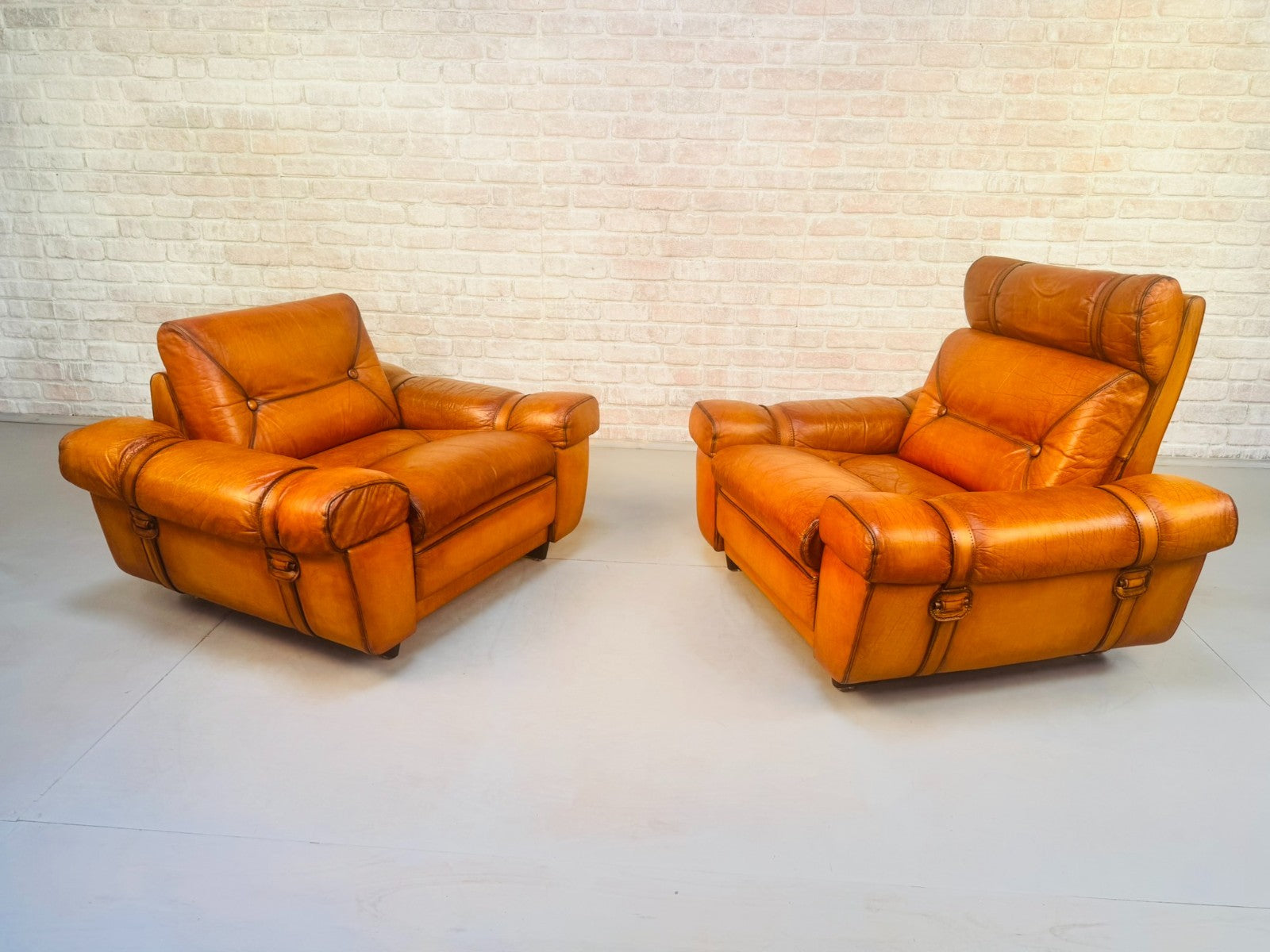 Pair Vintage Skippers Danish His & Hers Light Tan Leather Armchairs