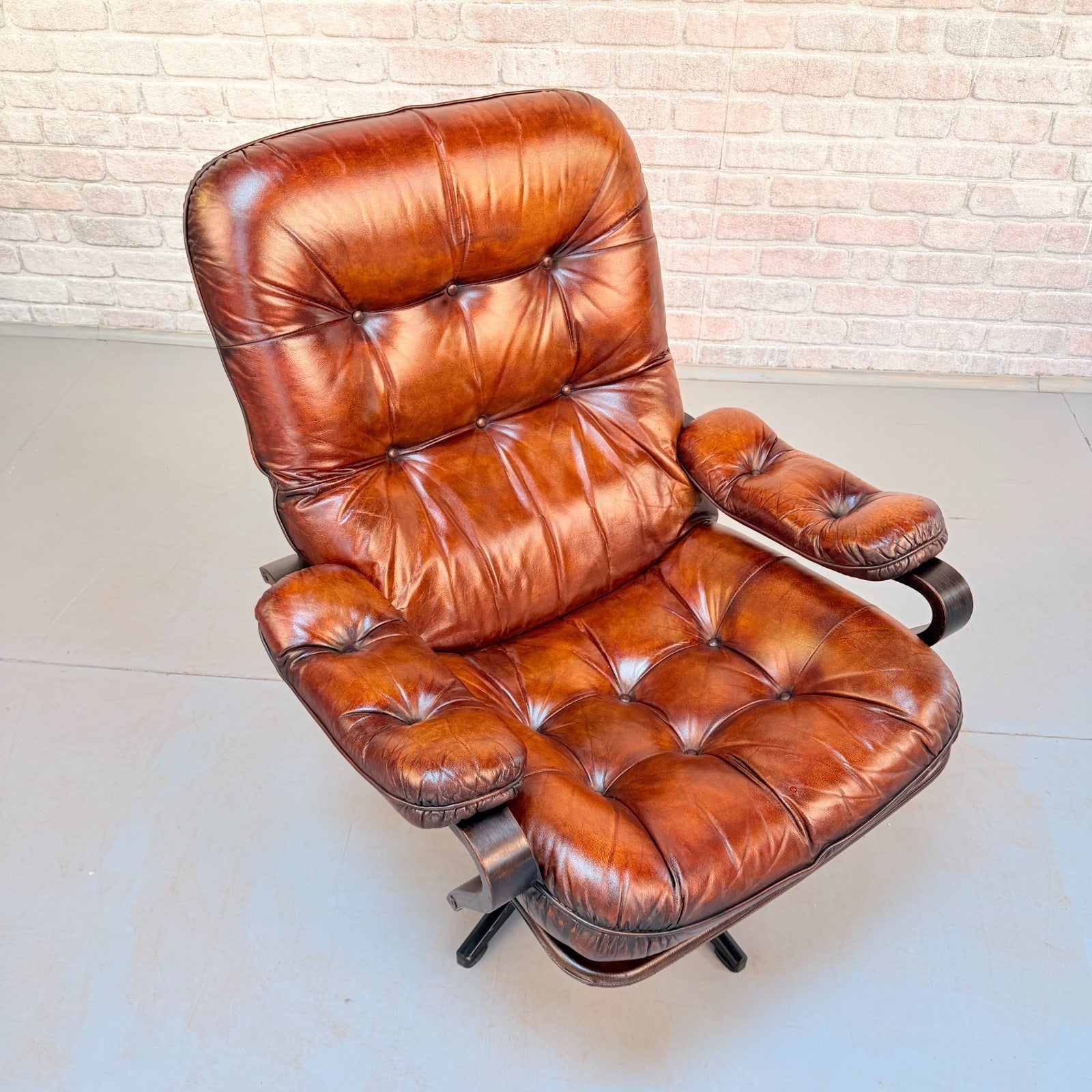 Vintage Danish Tan Leather Swivel Chair Hand Dyed Cognac Patina Lounge Chair
