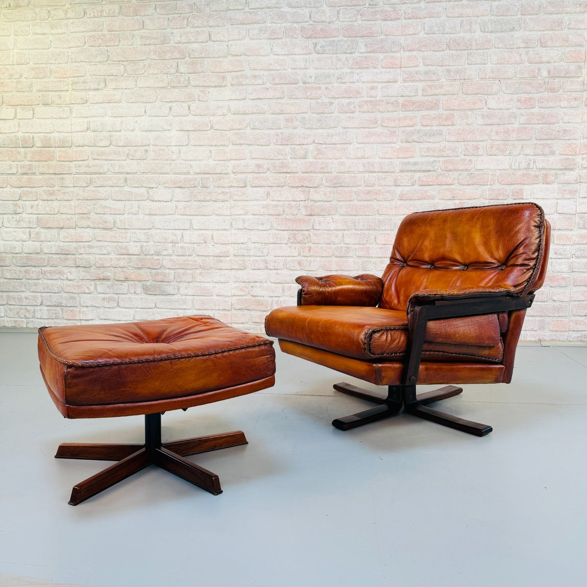 Vintage 1970s Arne Norell Swedish Tan Leather Swivel Chair & Footstool
