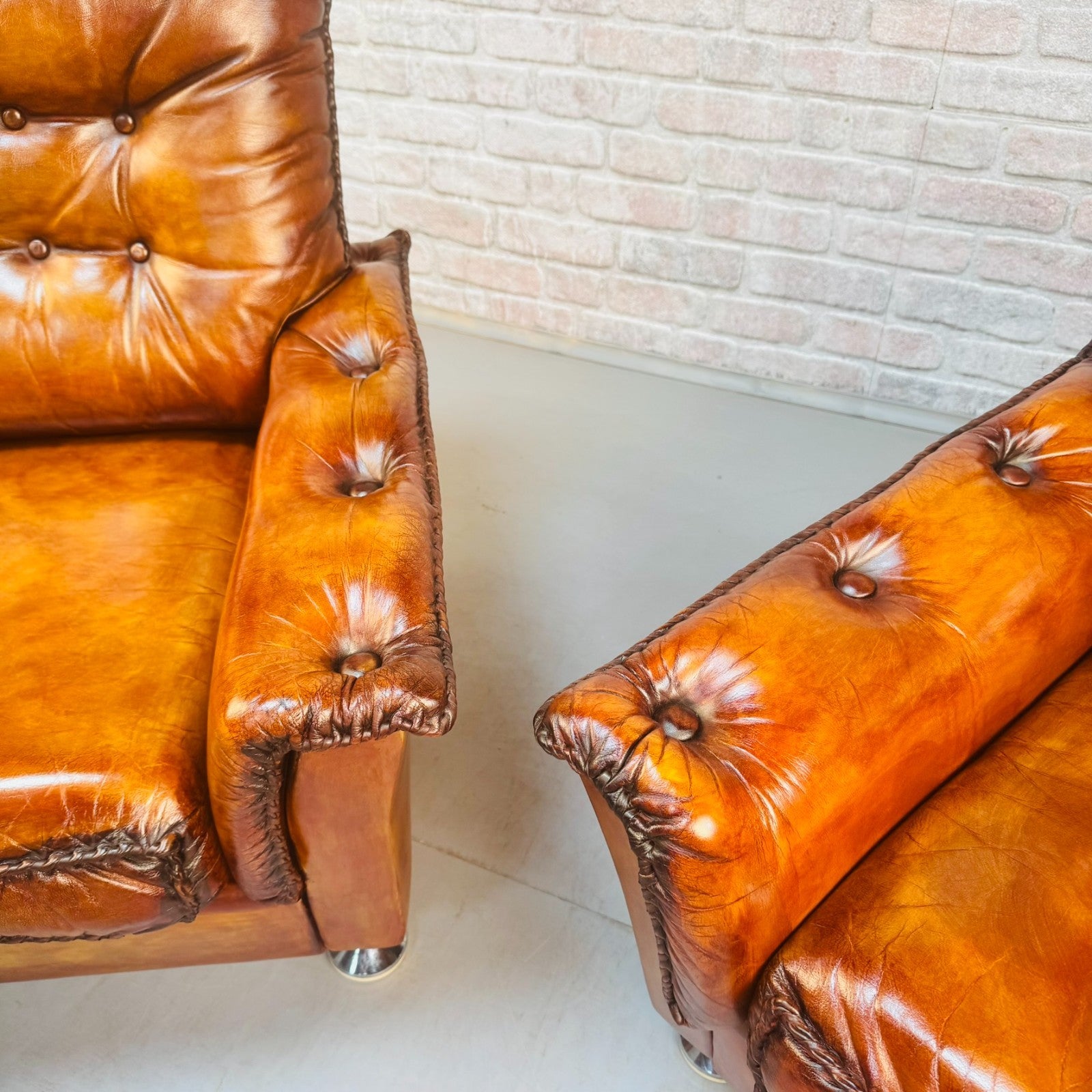 Vintage Danish Pair of Tan Leather Armchairs