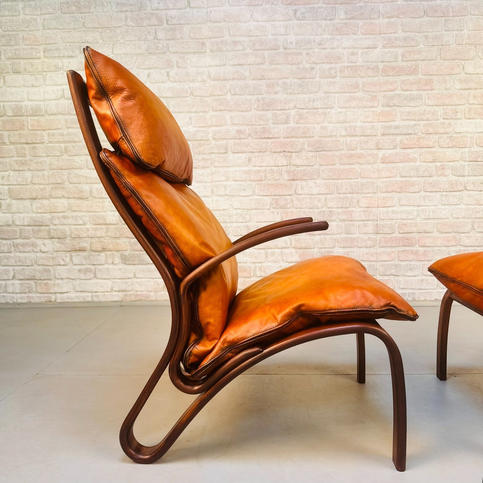 Pair Vintage Danish Bentwood Chairs Tan Leather Elegant Lounge Chairs
