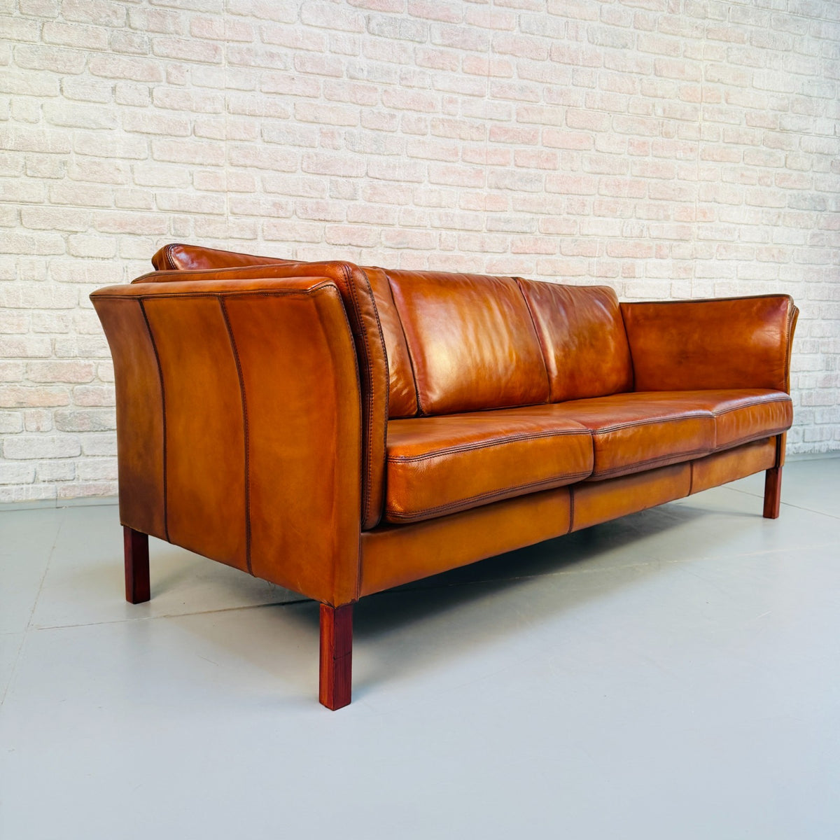 Vintage Danish Tan Leather 3 Seater Sofa – Hand Dyed Beautiful Patina