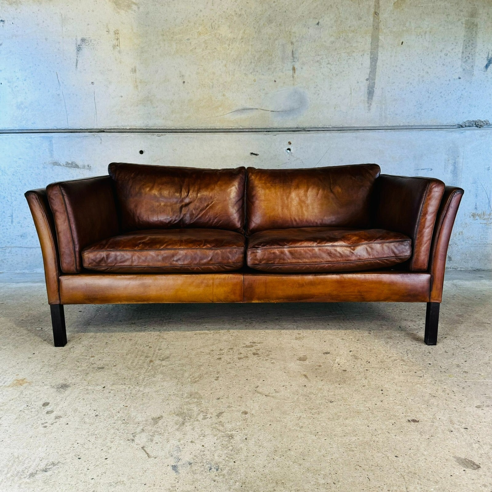 Vintage 1970s Stouby Tan Leather 2.5 Seater Sofa Børge Mogensen Style