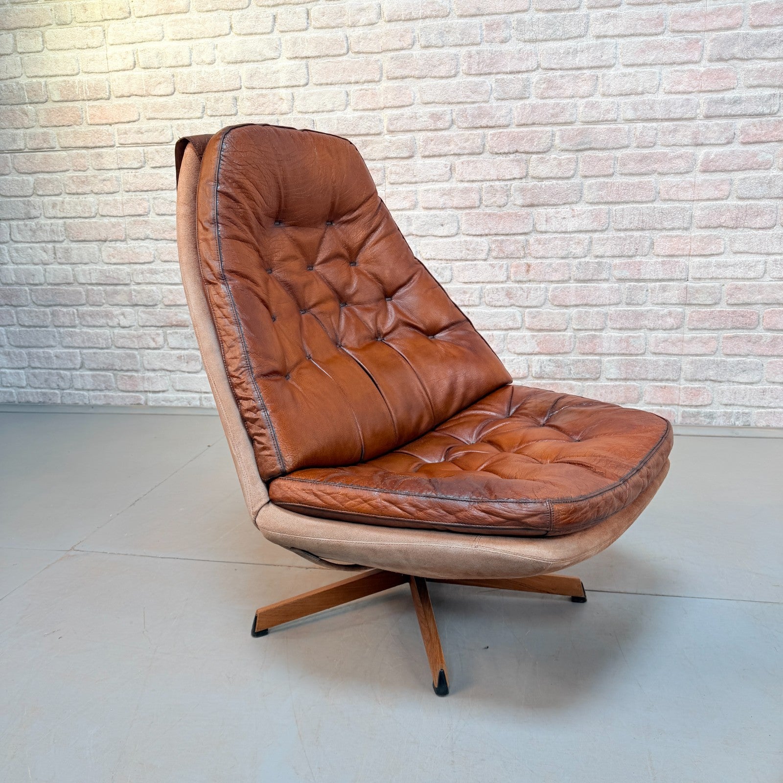 1960s Pair of Madsen & Schubell MS68 Cognac Leather Lounge Chairs & Footstools