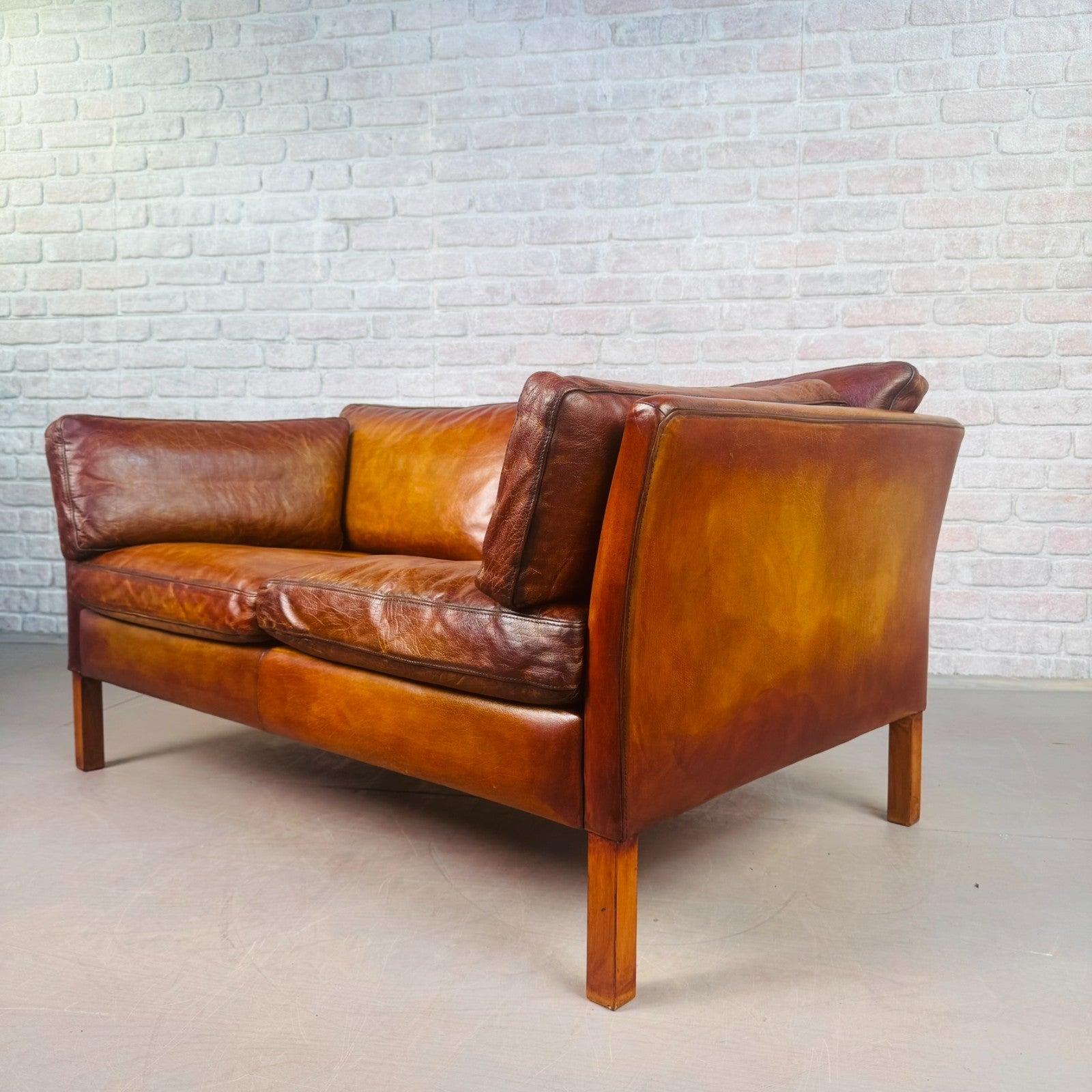 Vintage Stouby Tan Two-Seater Sofa Danish Buffalo Leather Feather Cushions