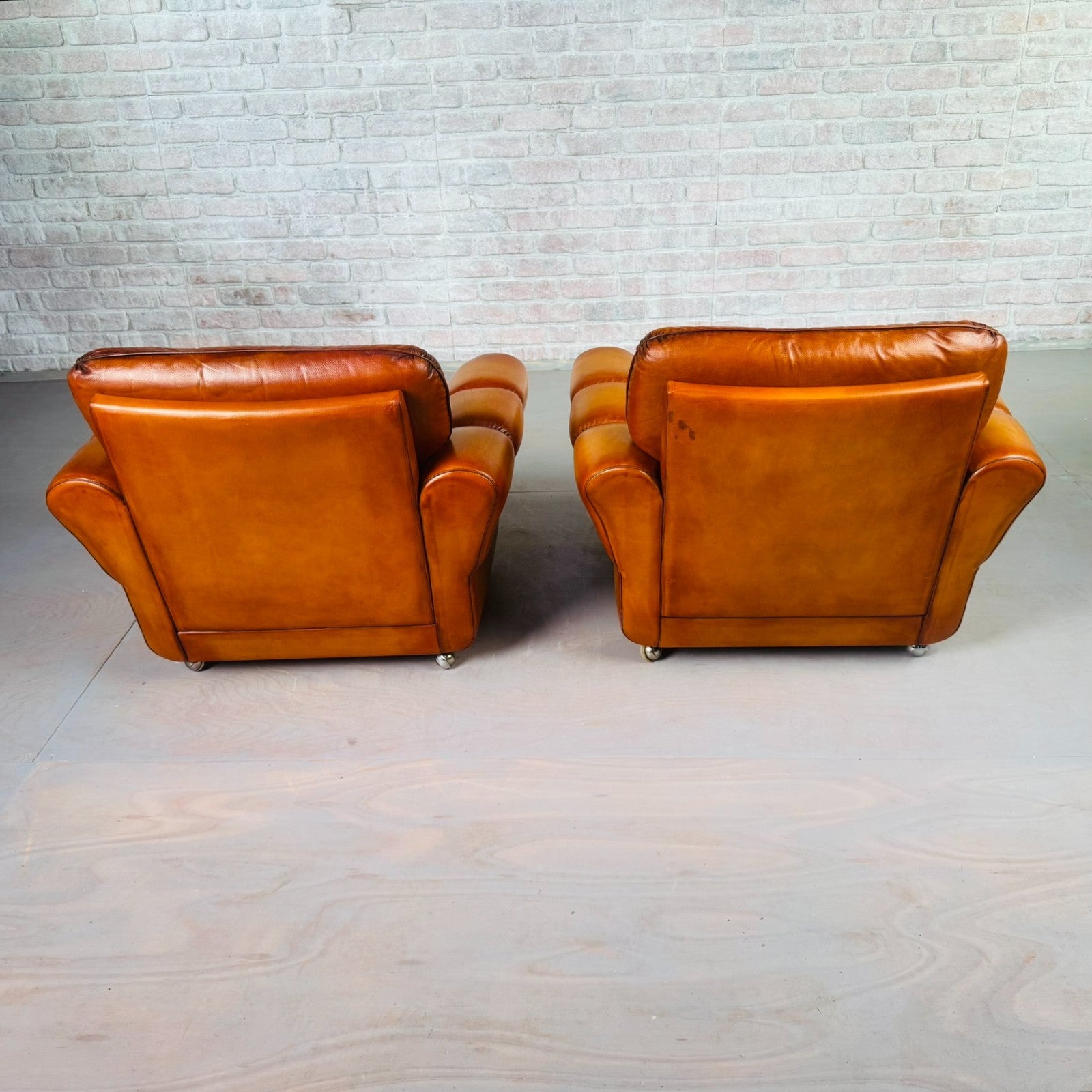 Pair of Vintage Danish Cognac Leather Armchairs – Hand-Dyed Patina