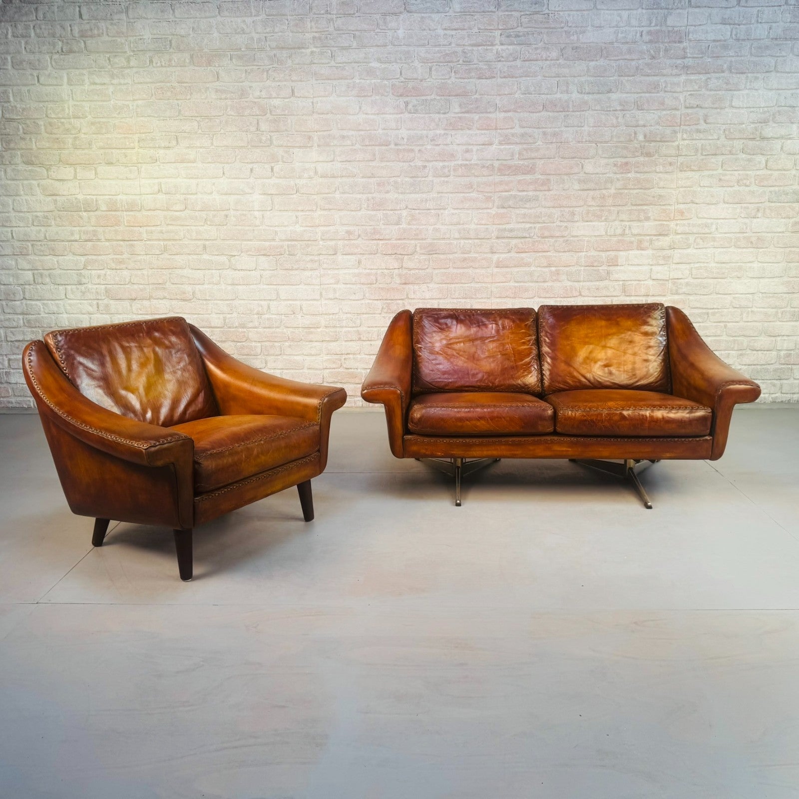 Vintage 60s Aage Christiansen "Matador" Tan Leather 2 Seater Sofa & Chair