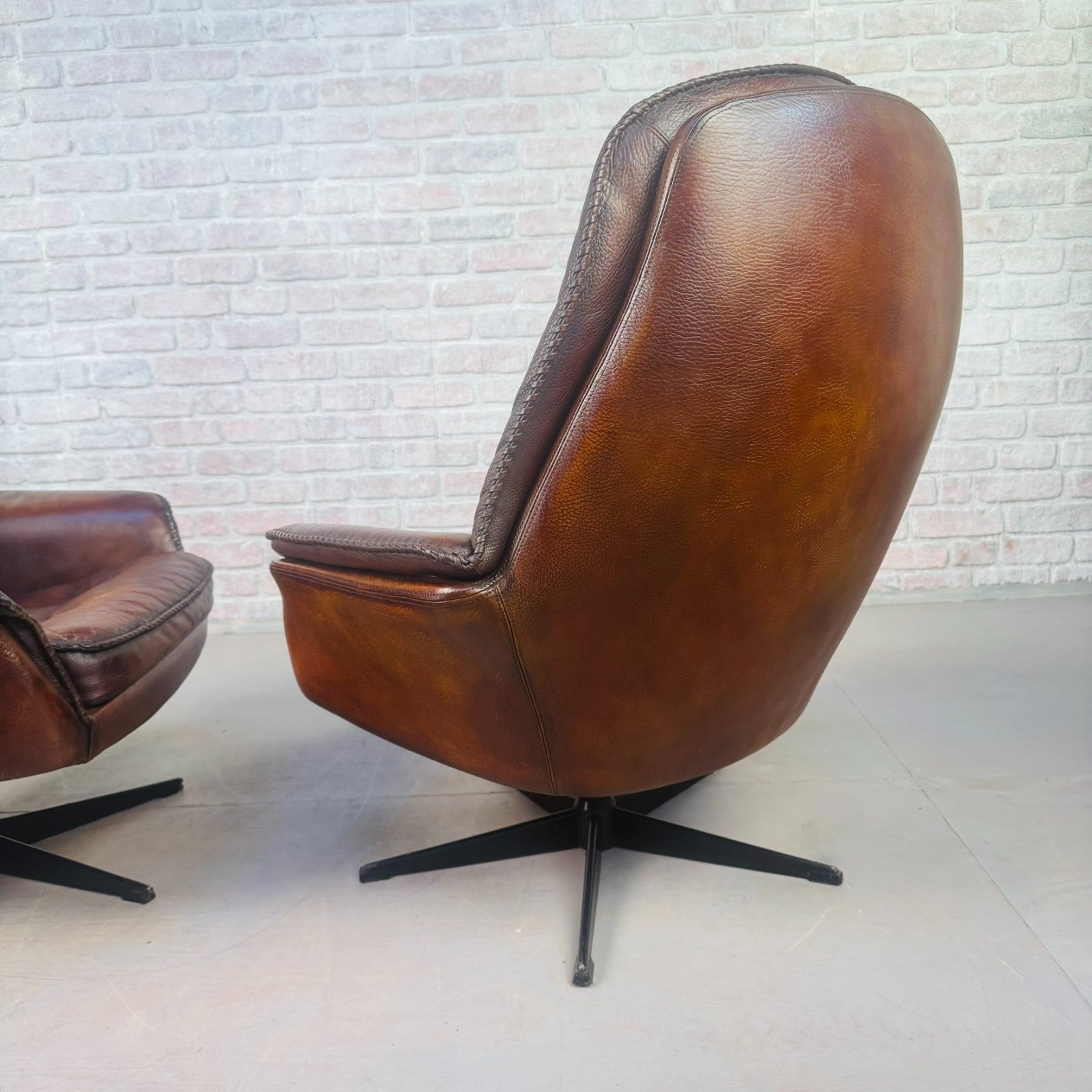 Vintage Pair 1970s Danish Berg Mobler Brown Leather Swivel Chairs Mid Century