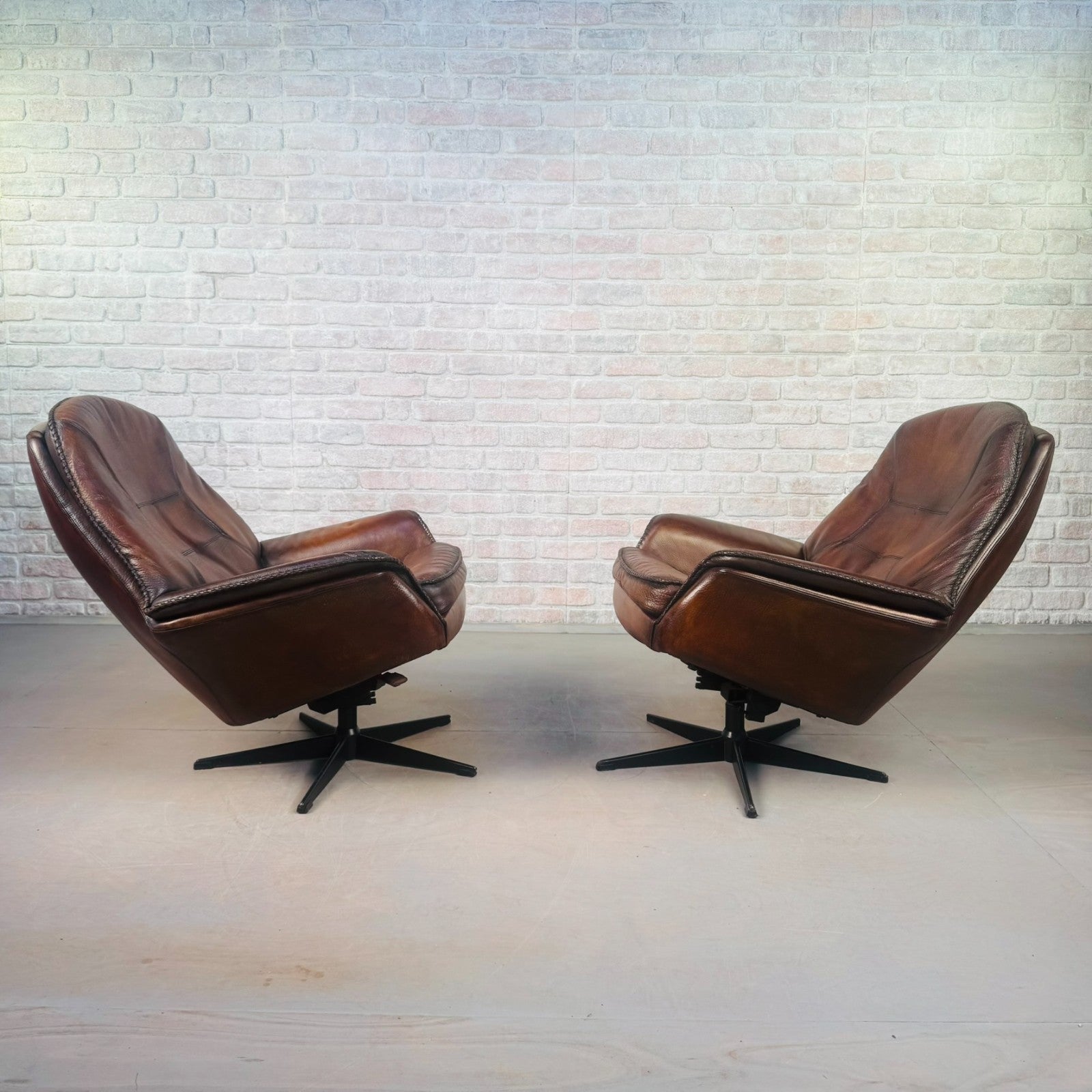 Vintage Pair 1970s Danish Berg Mobler Brown Leather Swivel Chairs Mid Century