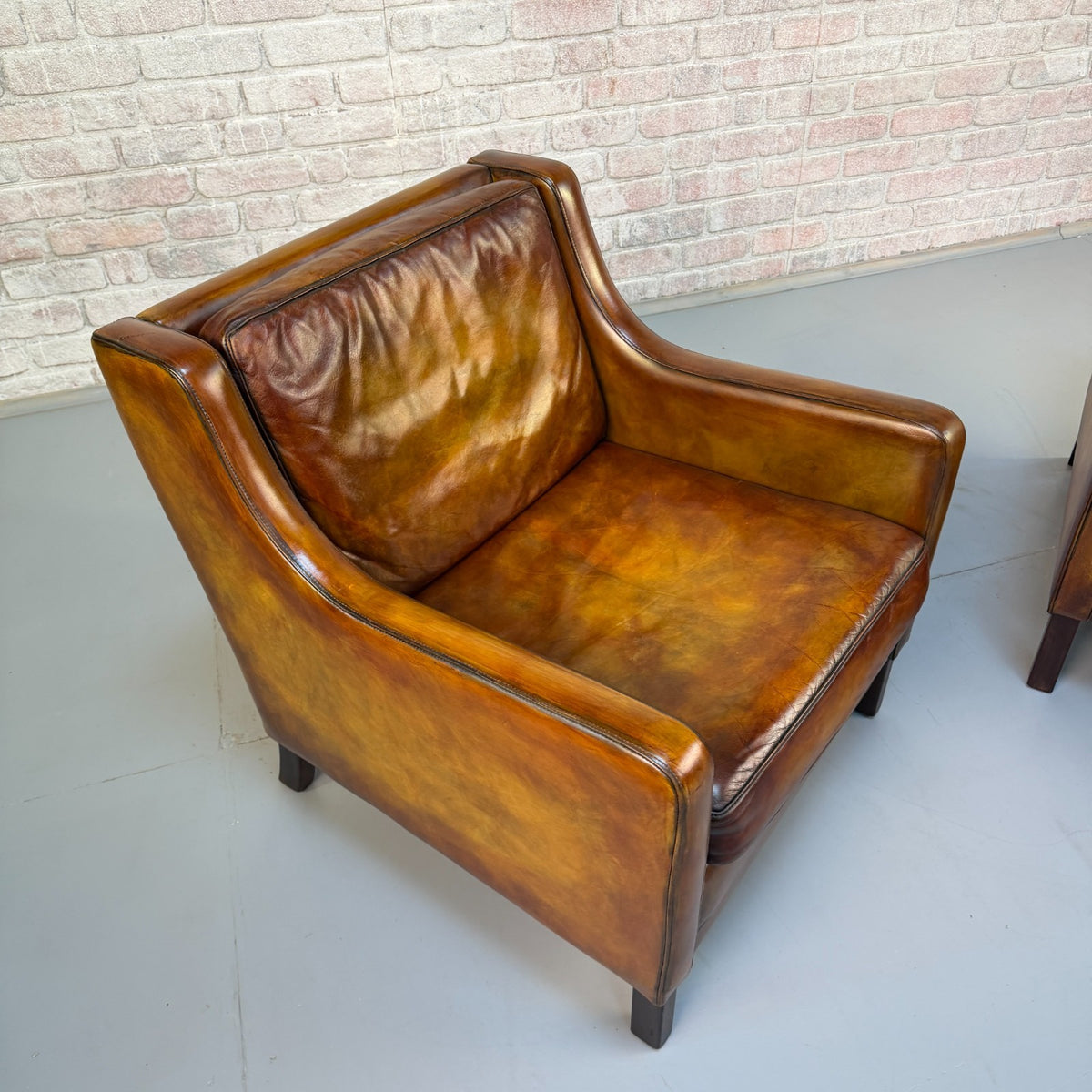 Near Pair Vintage 1970s Mogens Hansen Tan Leather Armchairs Danish Design
