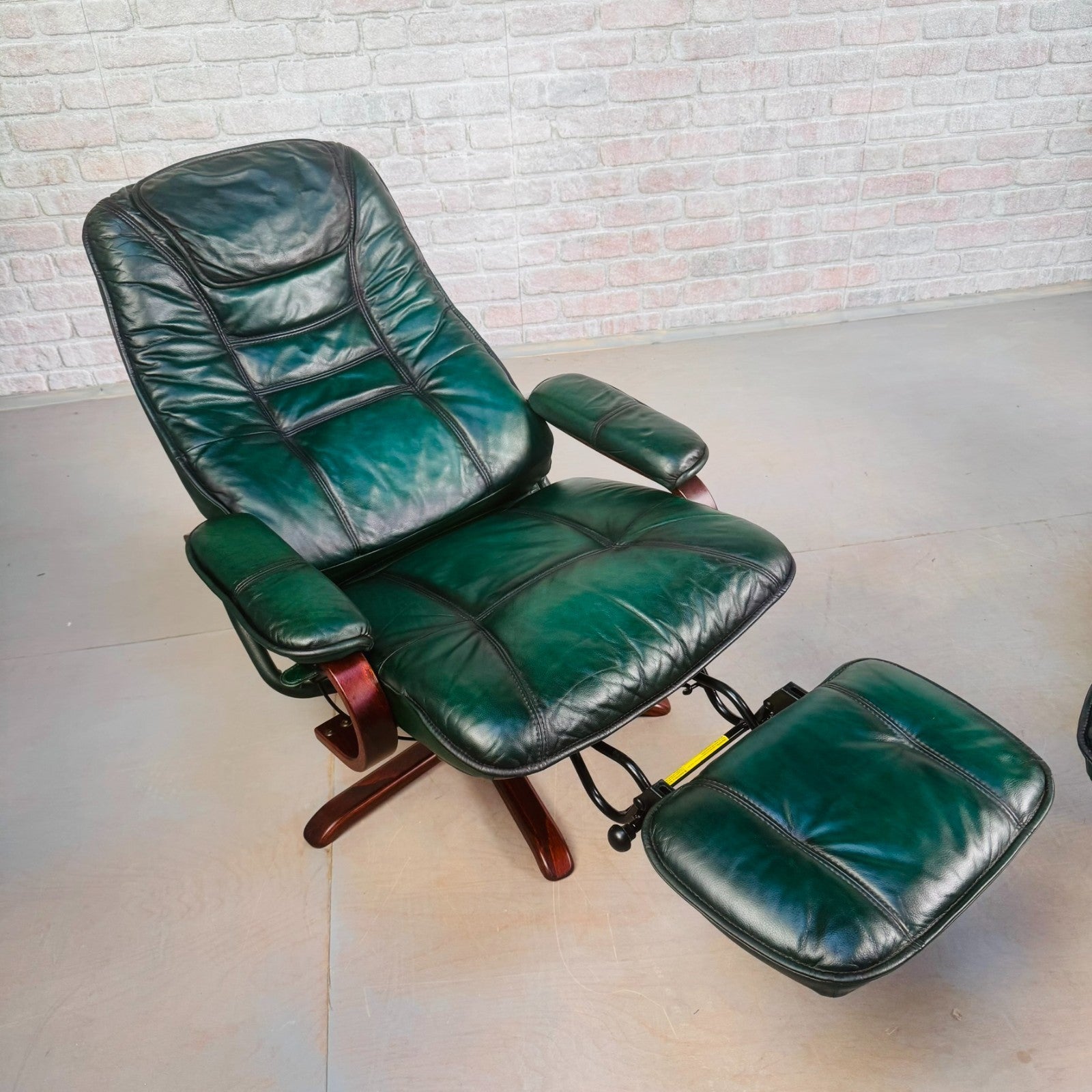 Vintage Pair of Norwegian Green Leather Reclining Swivel Chairs with Footstools