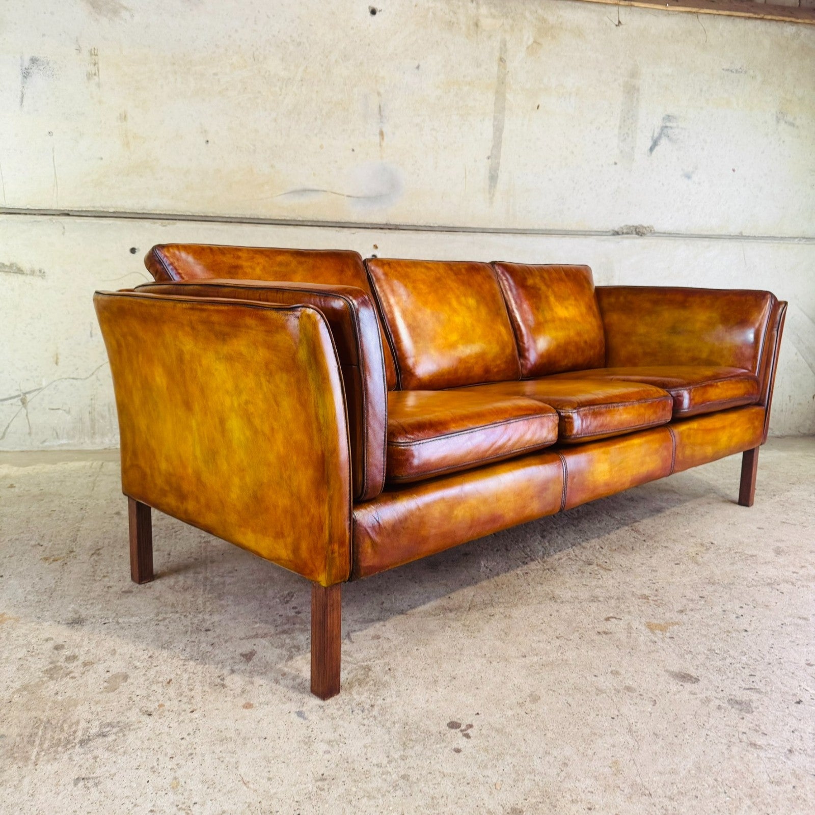 Vintage Danish Light Tan Leather Three-Seater Sofa