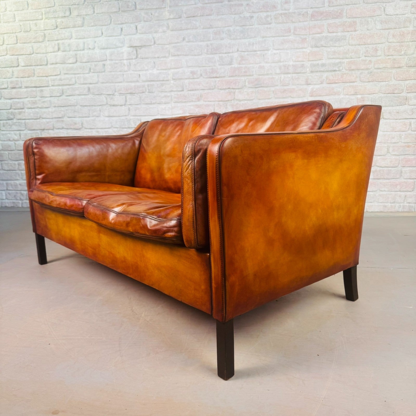 Vintage Danish Tan Leather Two-Seater Sofa 1970s Mid Century Hand Dyed