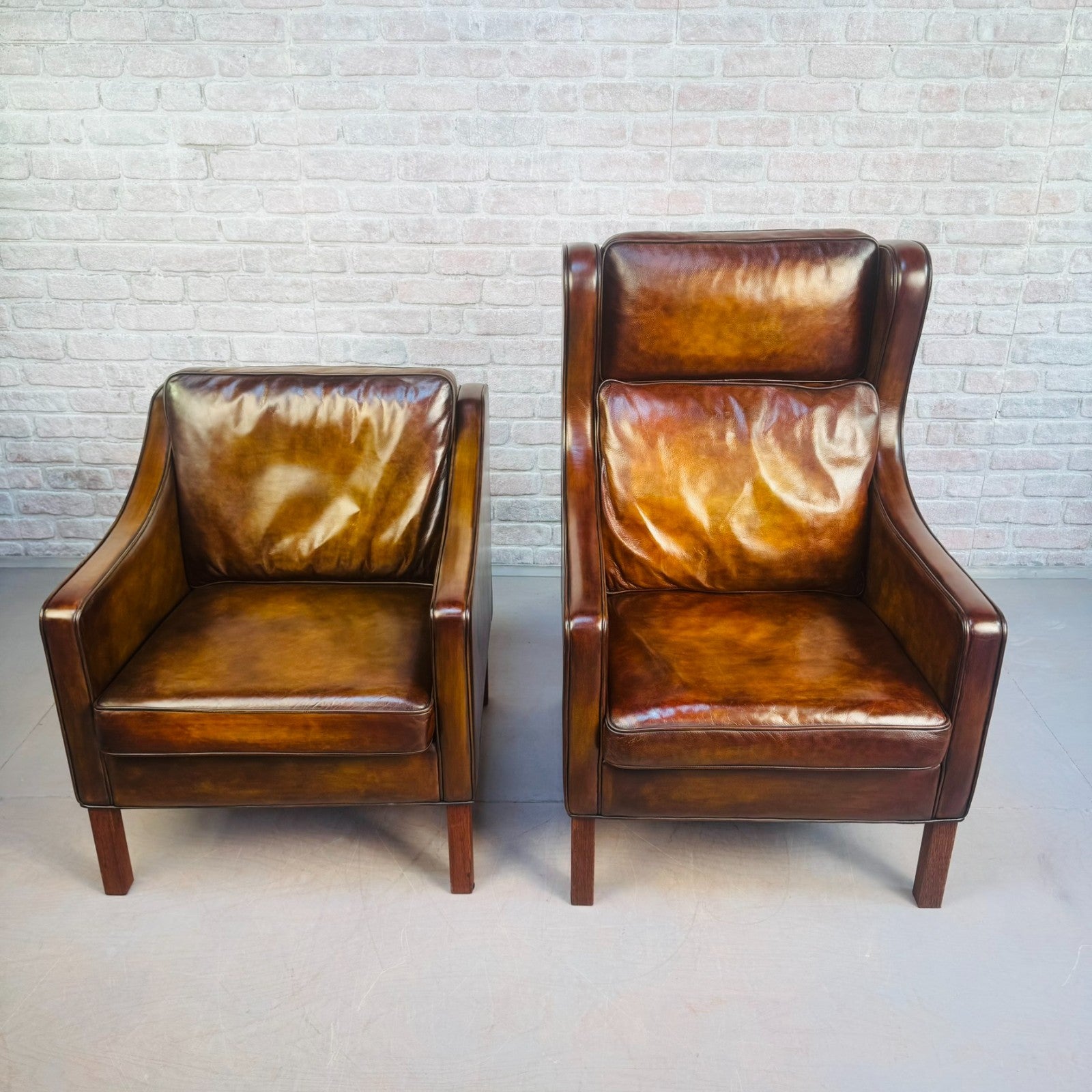 Vintage Danish His & Hers High Back Leather Chairs Pair Light Brown Armchairs