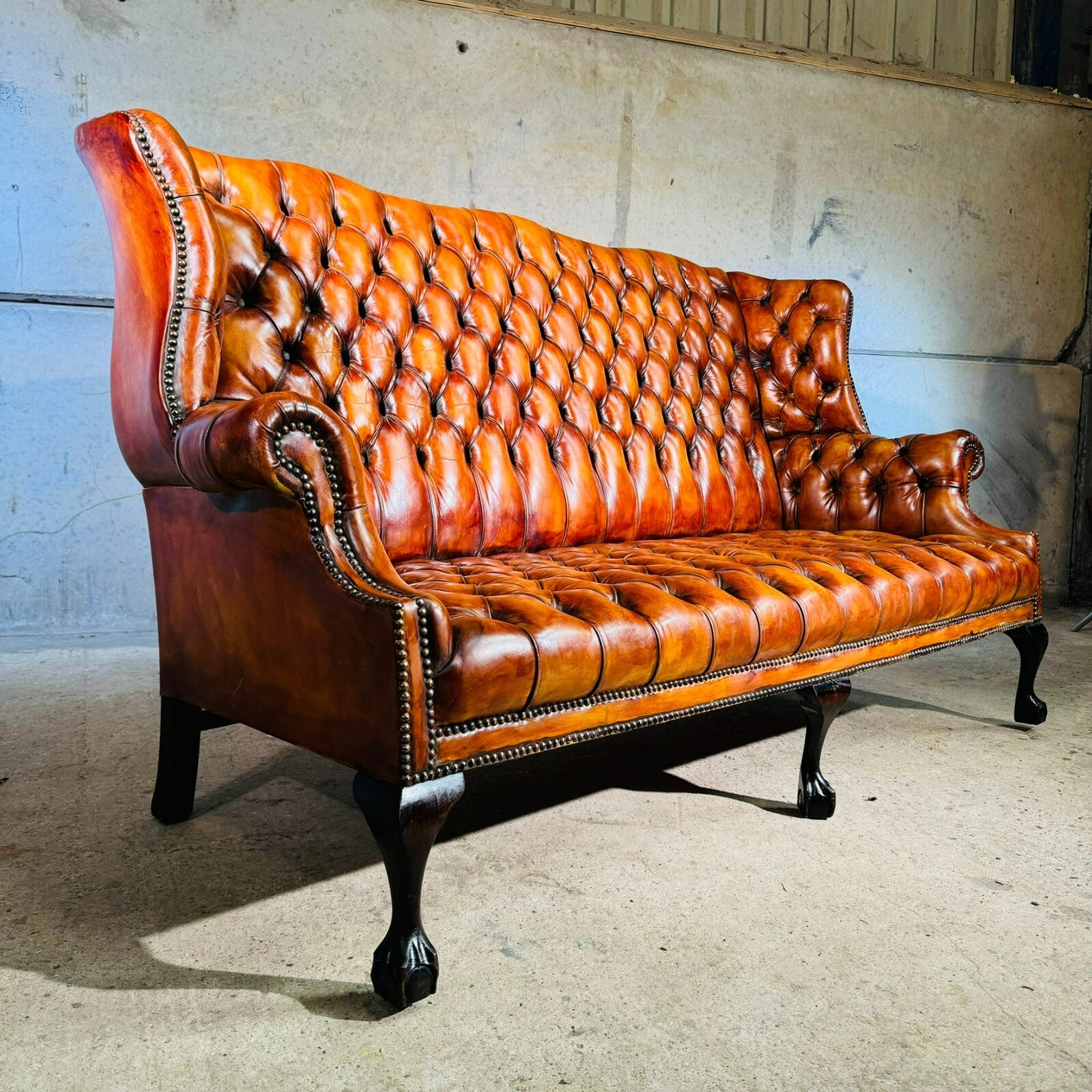 Beautiful Three Seater 19th C Tan Leather Chesterfield Sofa Fully Buttoned