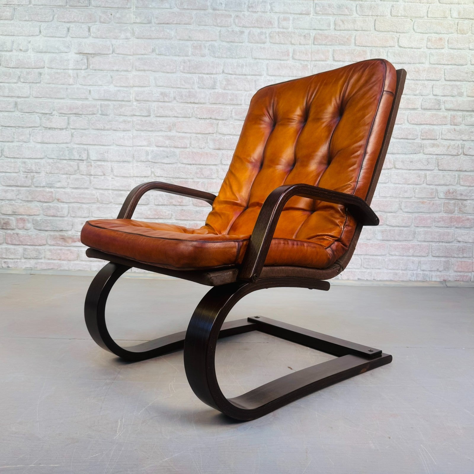Vintage Danish Bentwood Tan Leather Armchair – Compact, Comfortable