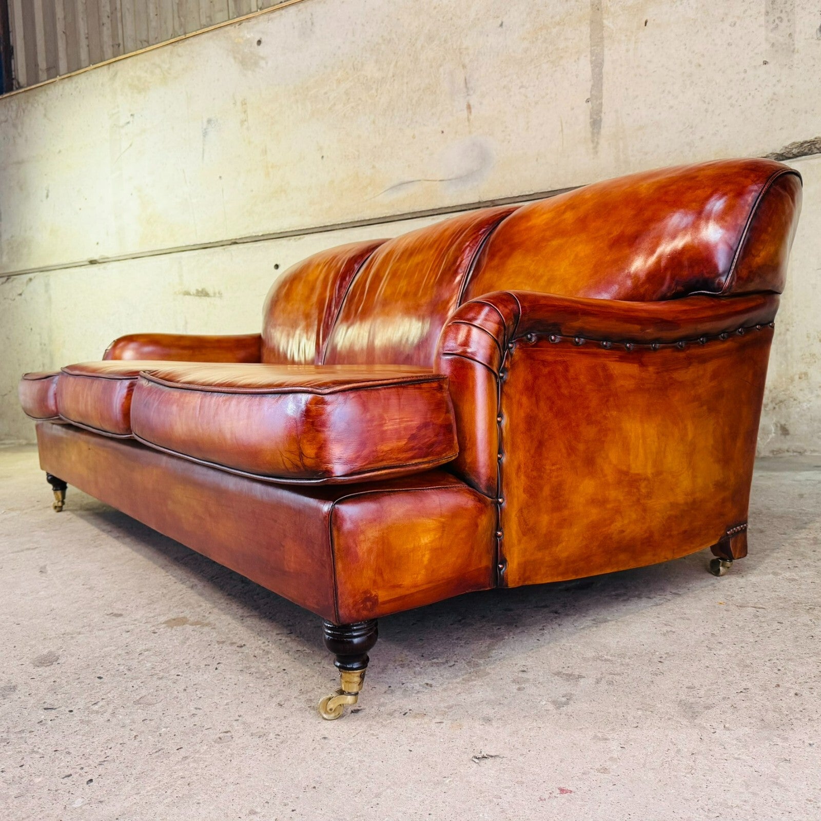 Vintage English Howard & Sons Bridgewater-Style 3-Seater Tan Leather Sofa