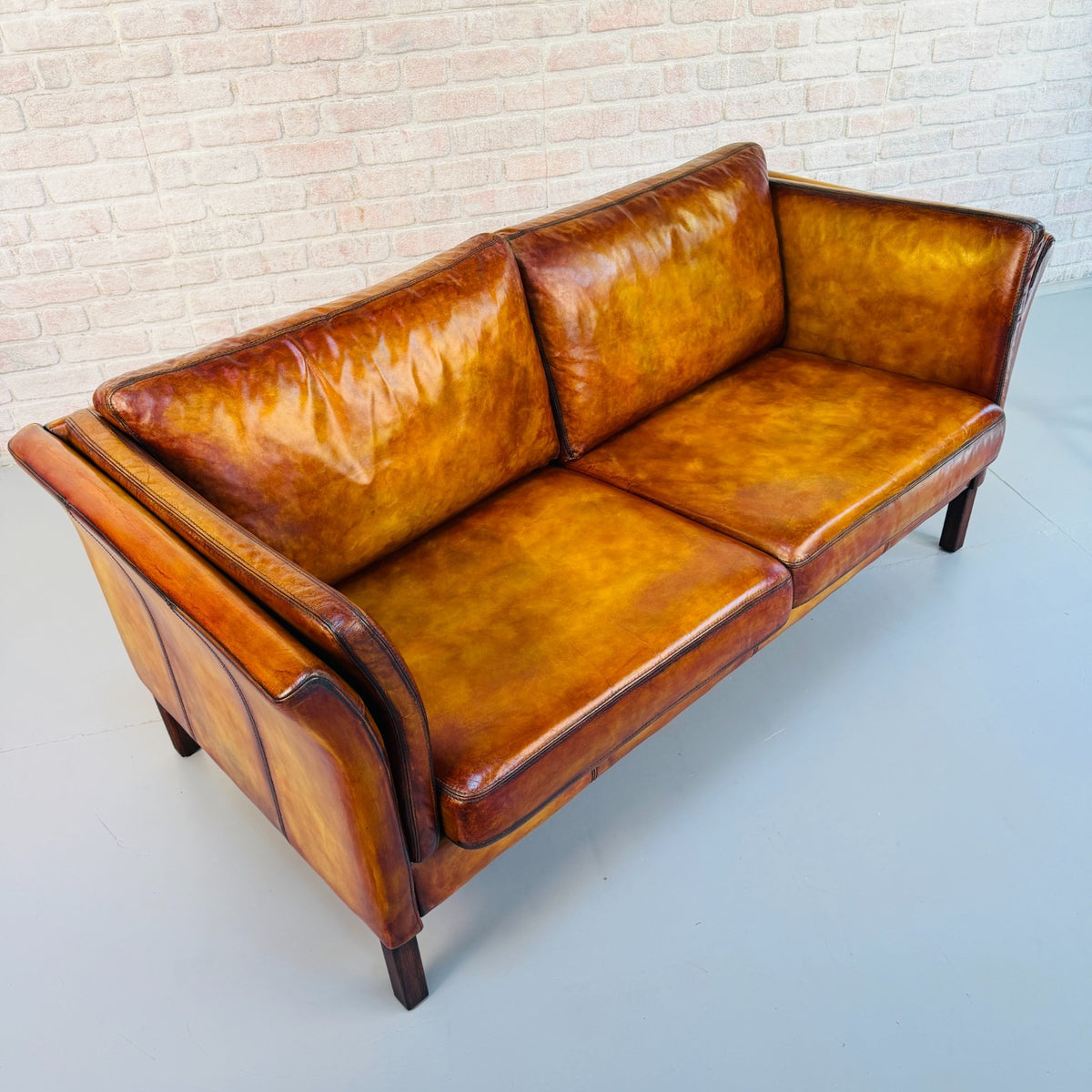 Vintage Danish Hand Dyed Tan Leather 2.5 Seater Sofa Mid Century