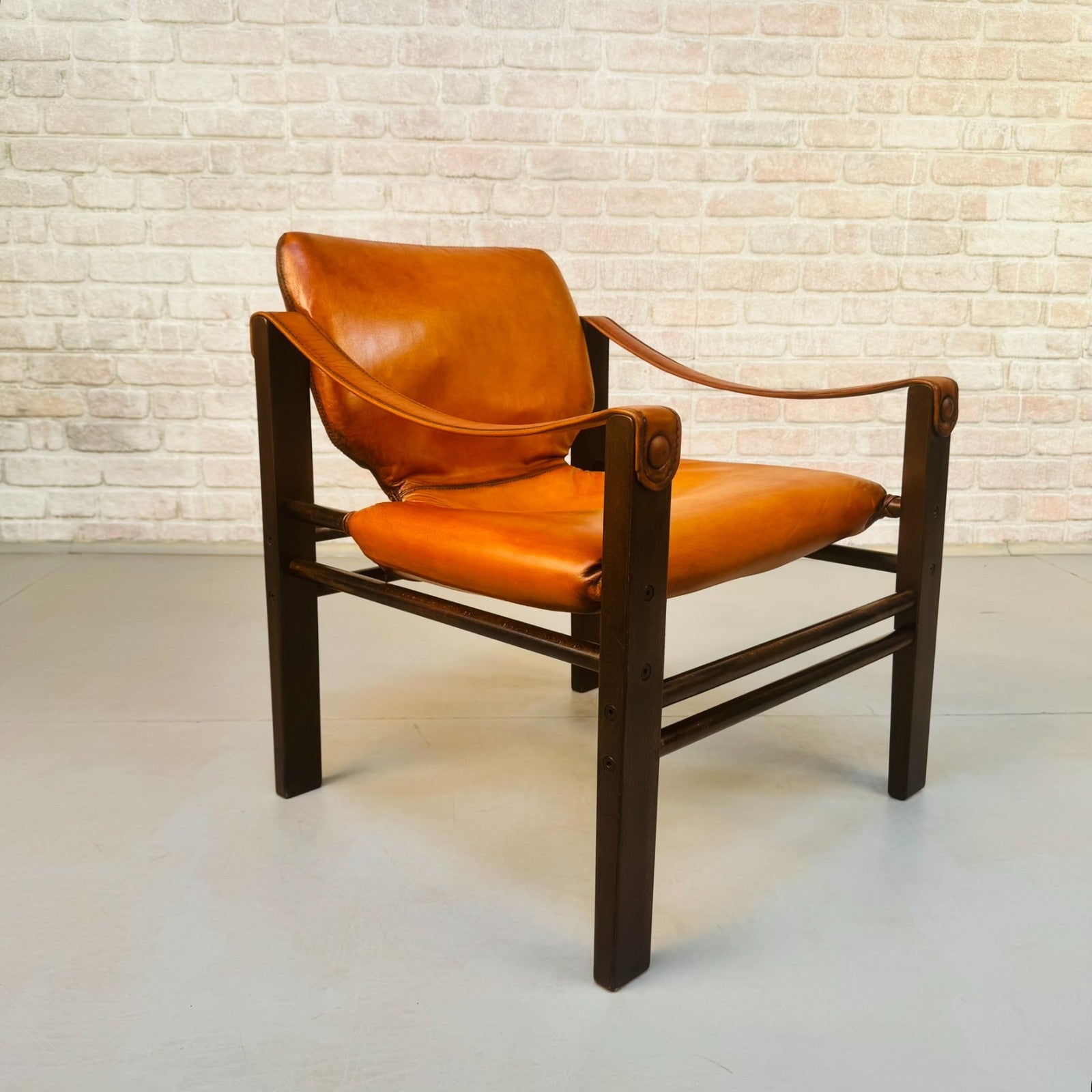 Vintage Danish Safari Chair | Hand Dyed Tan Leather | Solid Beech Frame