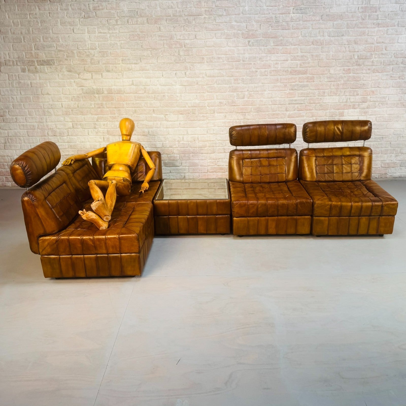 Rare Percival Lafer 60s Modular Sofa 4 Sections & Glass Top Table Tan Leather