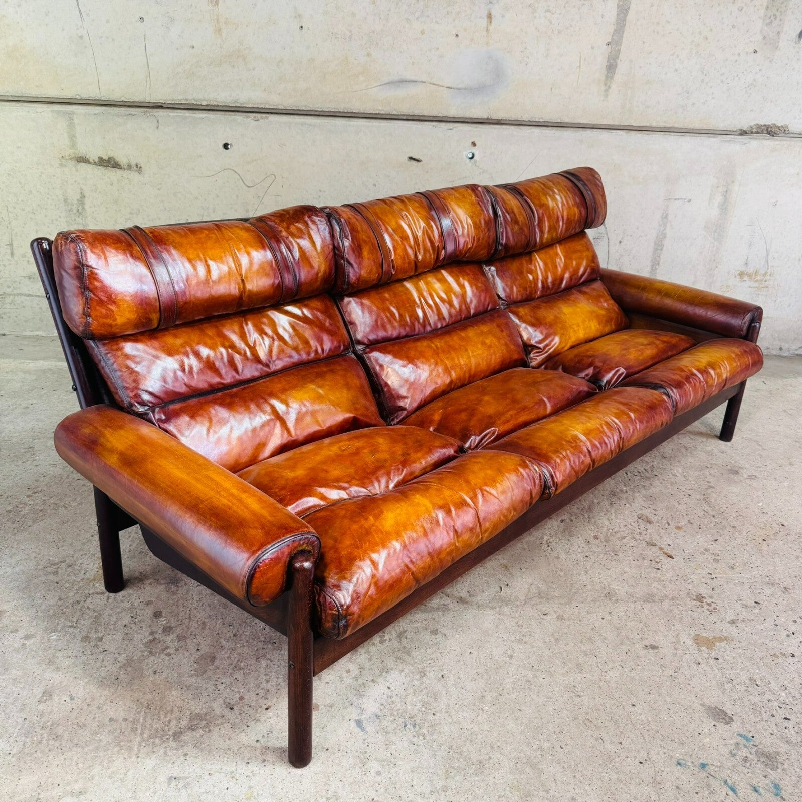 Vintage 70s Swedish Arne Norell Safari Three-Seater Tan Leather Sofa