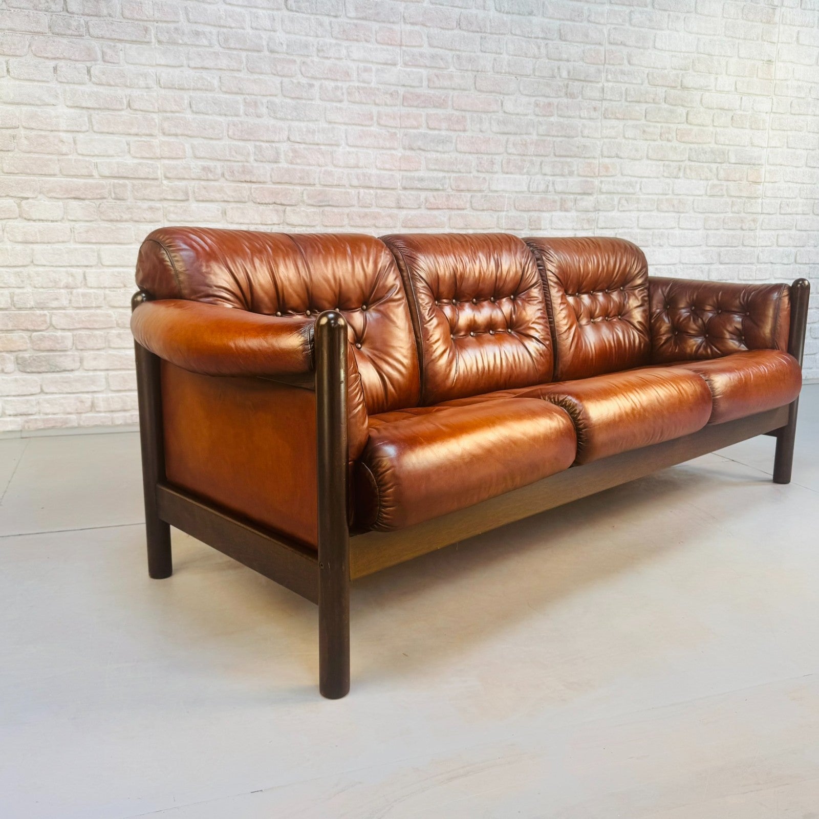 Vintage 1970s Swedish Tan Leather Three Seater Sofa