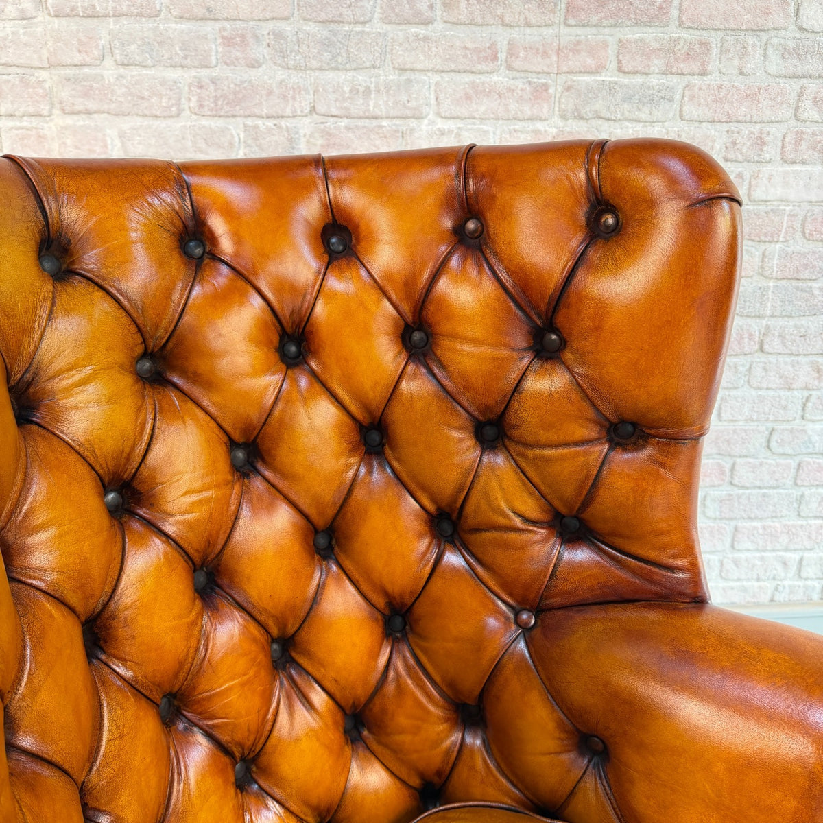 Vintage English Barrel Back Hand Dyed Tan Leather Wingback Armchair