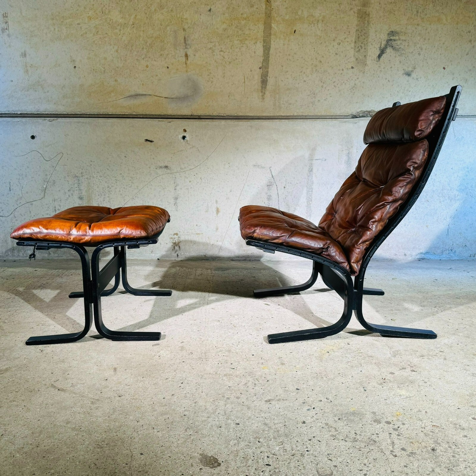 Vintage 1970s Westnofa Highback Tan Leather Chair & Footstool Ebonised Beech